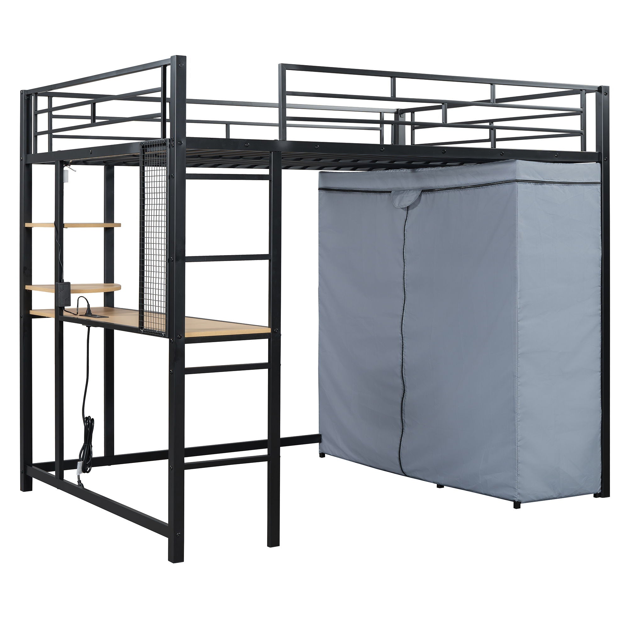 Loft Bed With Desk, Shelves, Power Outlet, LED Light And Wardrobe