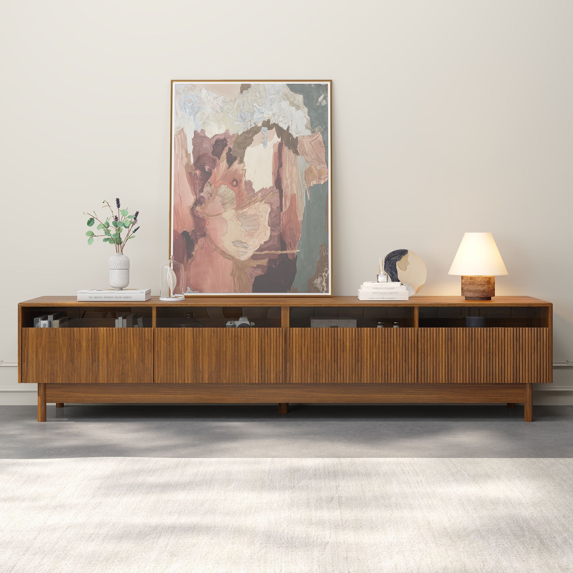 TV Stand, Entertainment Center With Fluted Drawers For Living Room - Walnut