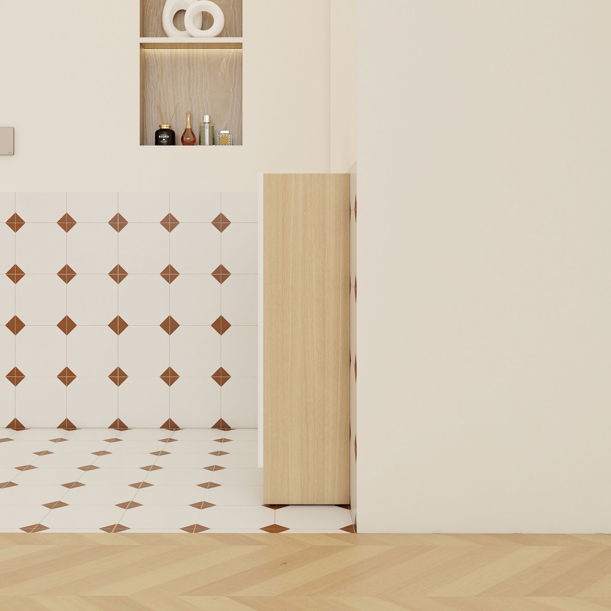 Freestanding Bathroom Side Cabinet, Narrow Storage Cabinet With Single Door & 3 Tier Open Shelves - Black / Light Oak / White