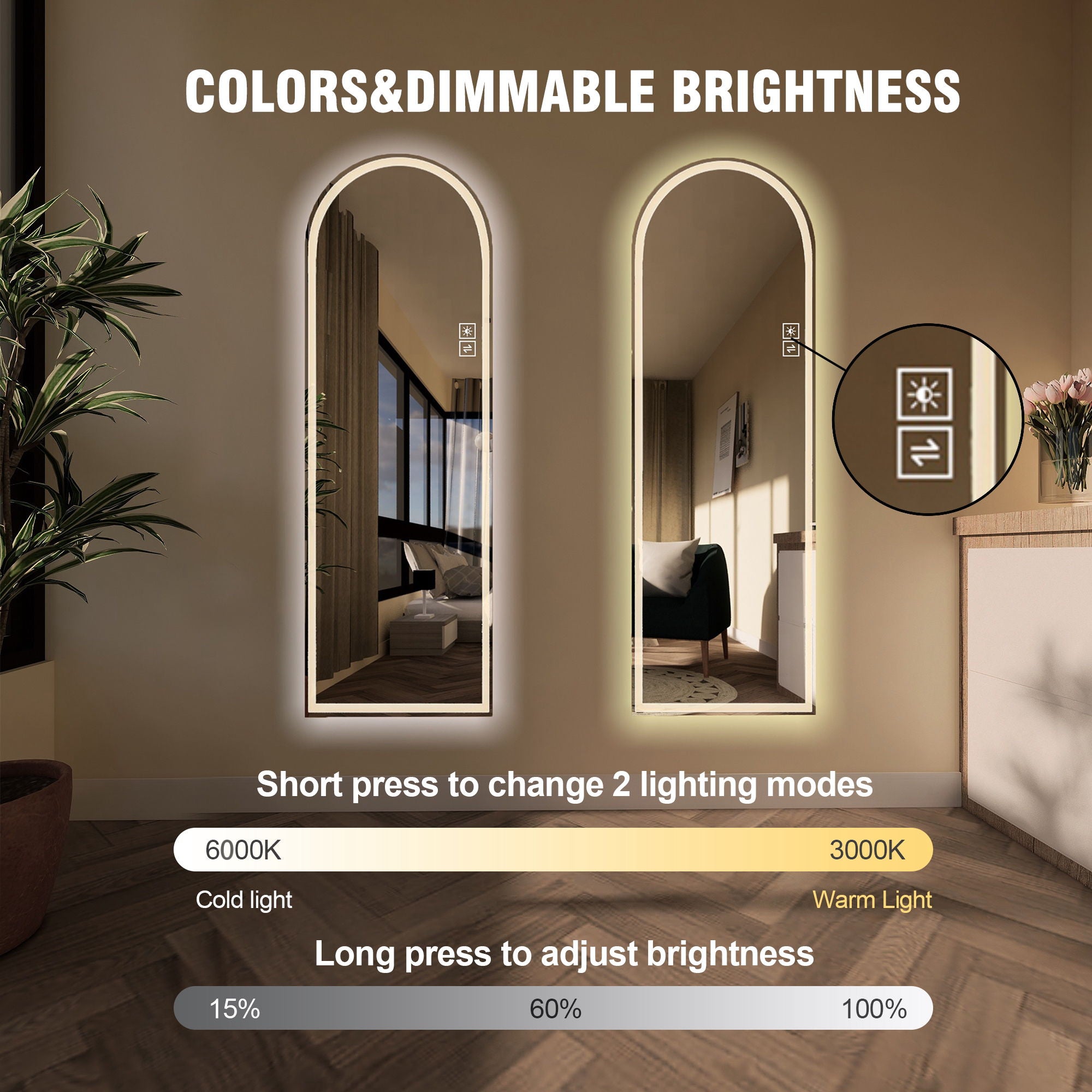 Arch Design LED Full Length Mirror, Dimmable, High Definition, Explosion Proof, 65" X 21" - Silver