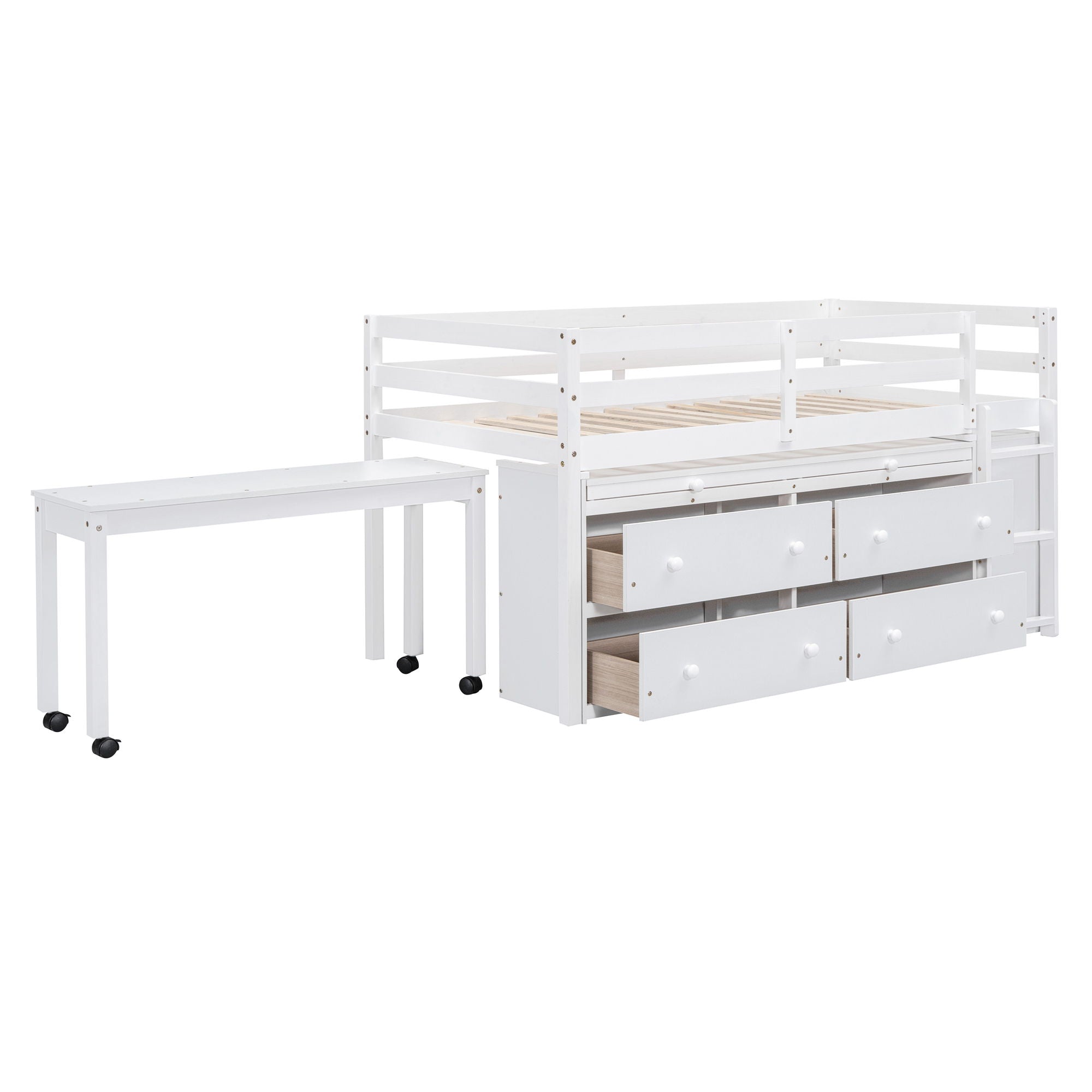 Loft Bed With Retractable Writing Desk And 4 Drawers, With Lateral Portable Desk And Shelves