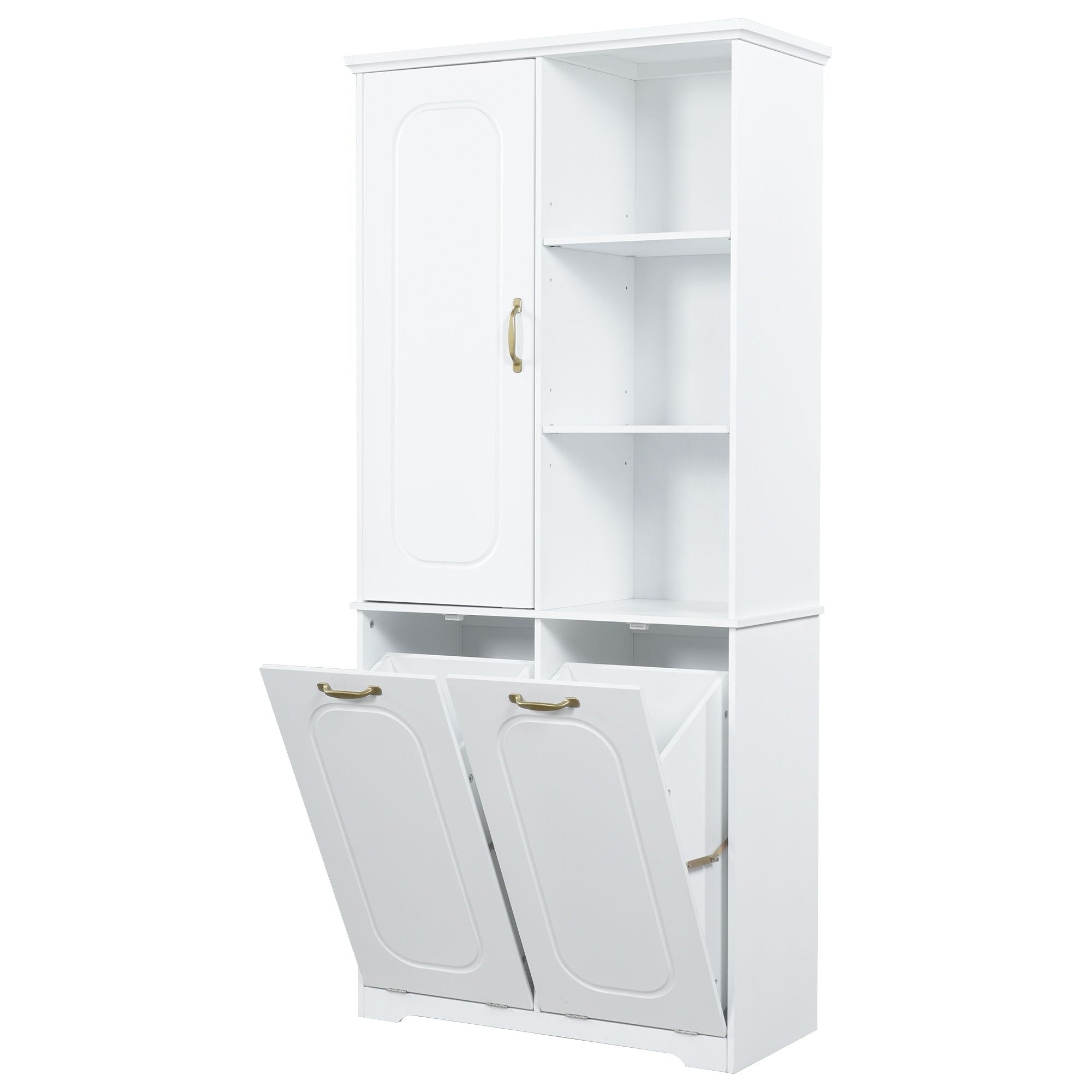 Freestanding Tall Storage Cabinet With 2 Tilt Out Hampers, Adjustable Shelves, Soft Close Door, Door Mounted Organizer - White