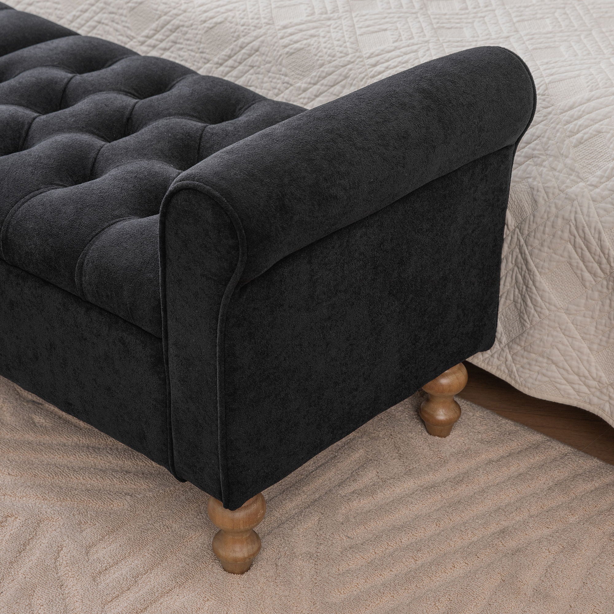 Modern Upholstered Storage Bench With Rolled Armrests]