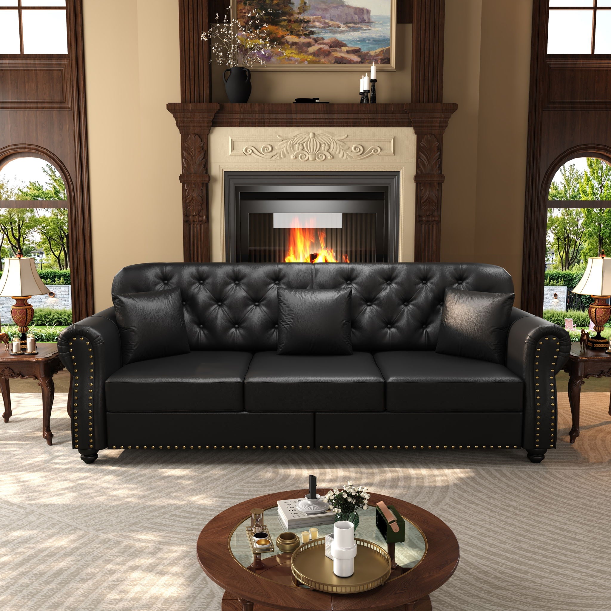 Upholstered Sofa With Nailhead Trim, Rolled Armrests With Ottoman