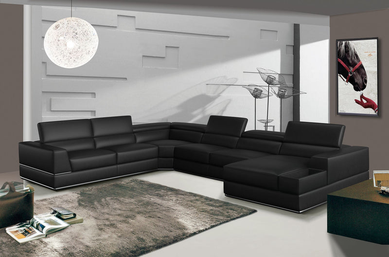 Divani Casa Pella - Modern Black Italian Leather U Shaped Sectional Sofa