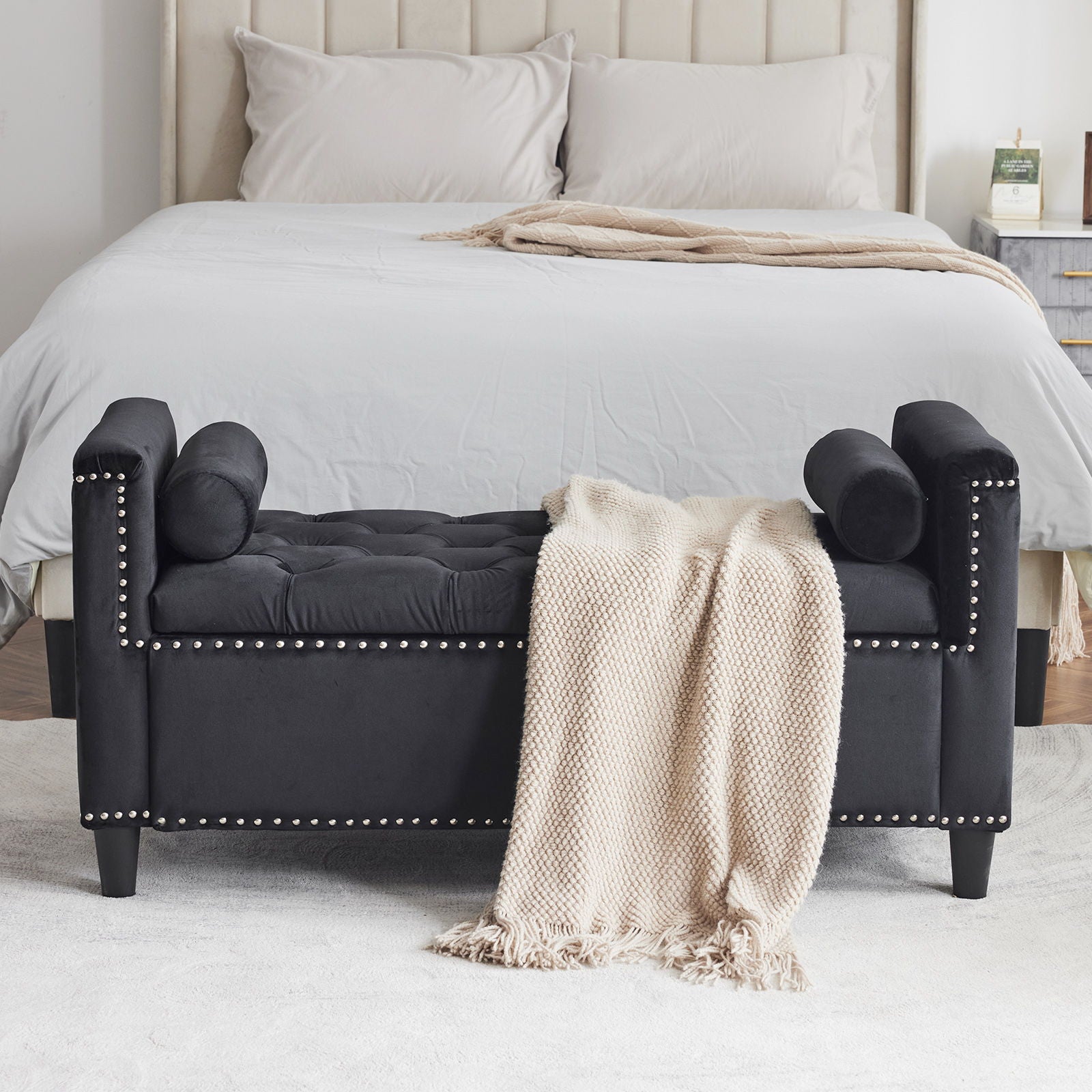 Queen Button Bedside Storage Bench With Armrests, Nailhead Trim