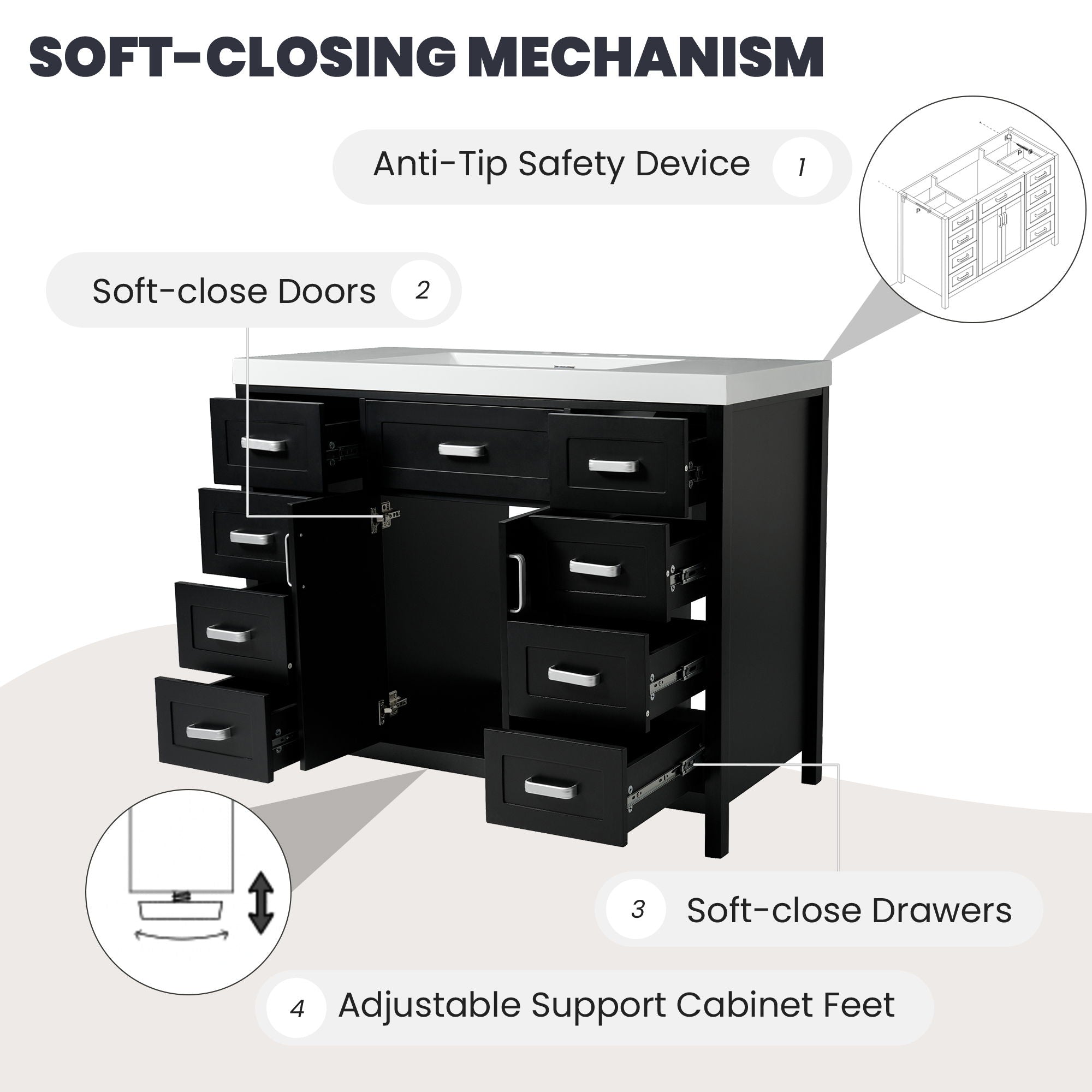 Bathroom Vanity With Sink, 2 Doors 8 Drawers, Soft Close System, Classic Design