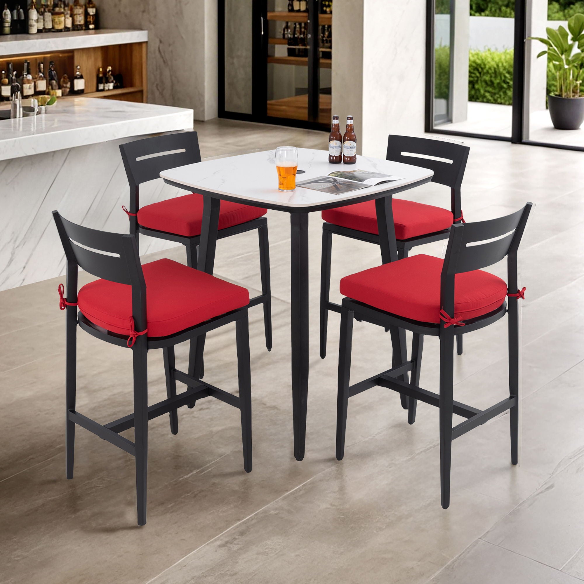 5 Pieces Outdoor Patio Bar Set, Rounded Square Table & 4 Aluminum Bar Stools
