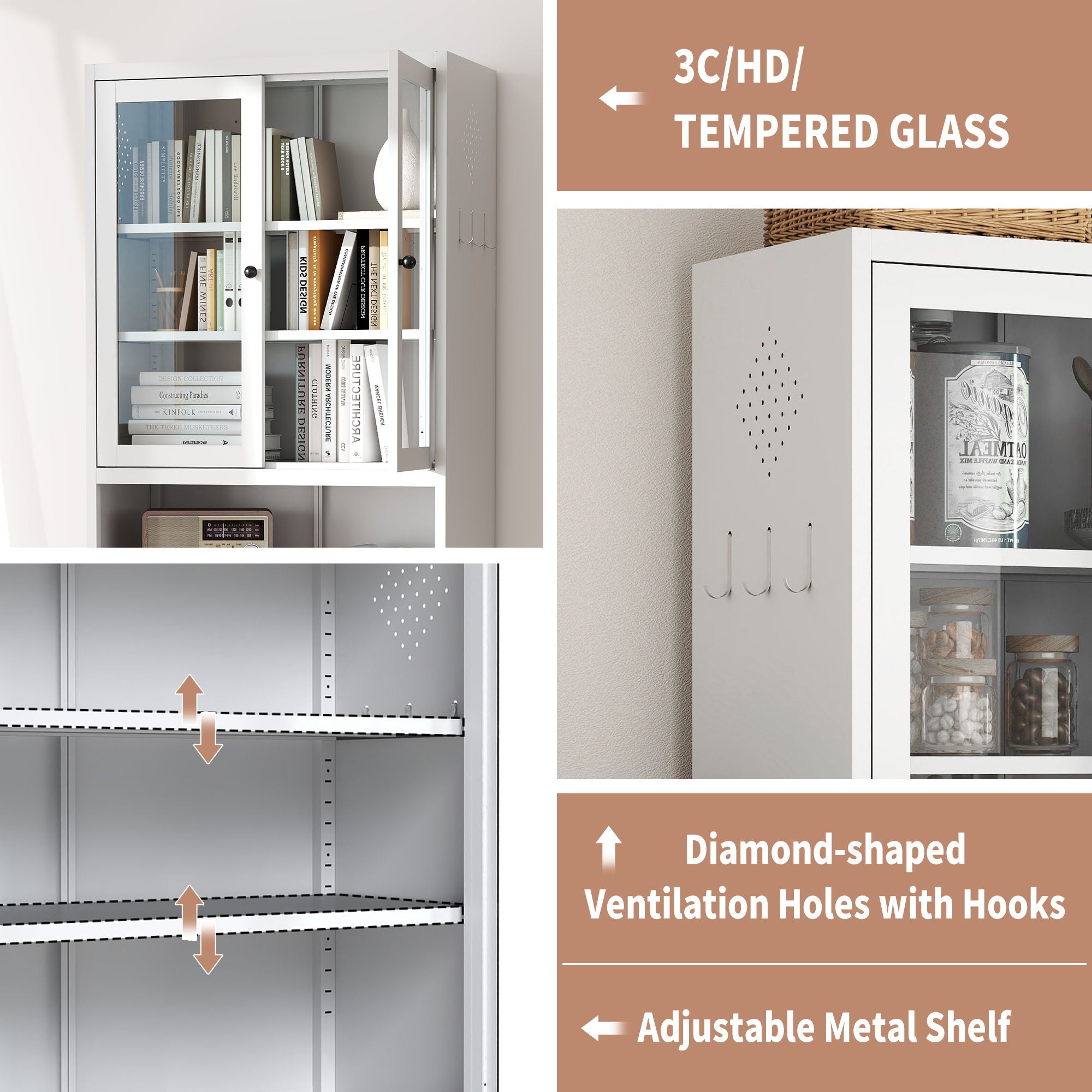 Metal Kitchen Pantry Cabinet Tall Storage With Adjustable Shelves, Heavy Duty Stainless Steel Frame - White