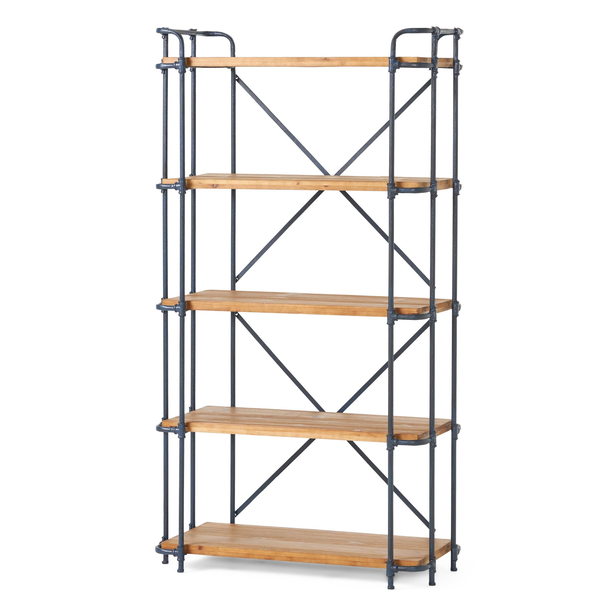 Yorktown - Industrial 5 Shelf Bookcase With Metal Pipework And Solid Fir - Natural
