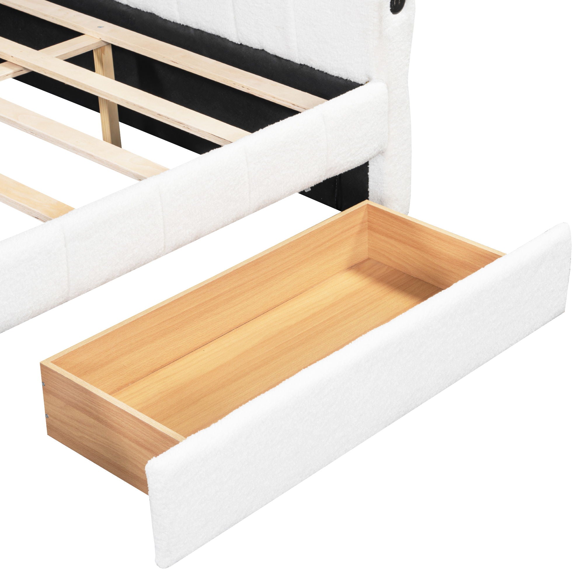 Queen Upholstered Platform Bed With USB Charging And 2 Storage Drawers - White