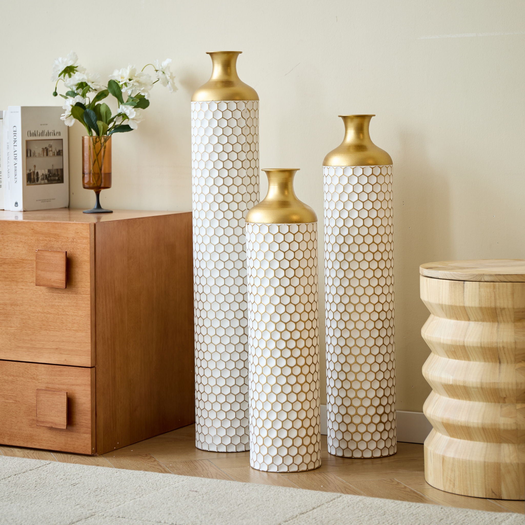 3 Piece Set Gorgeous Home Decoration Large Glazed Floor Vase Decoration Home Droplet Shaped - Gold / White