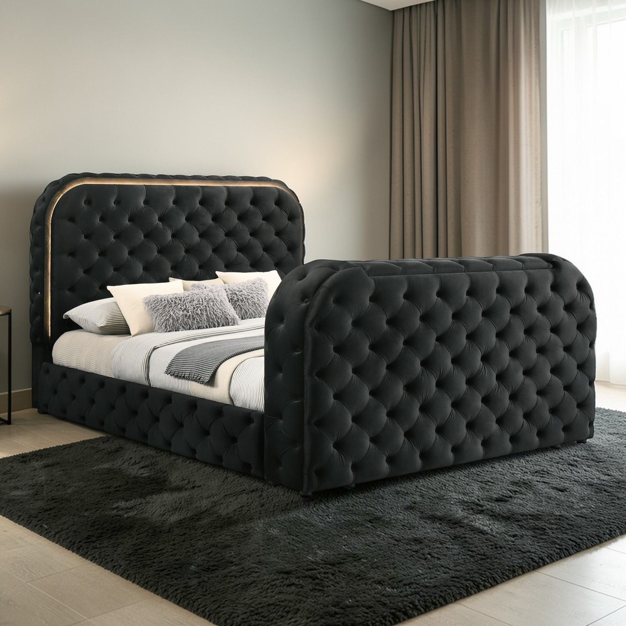 Kana - Eastern King Bed With LED, Fireplace & TV Stand - Black