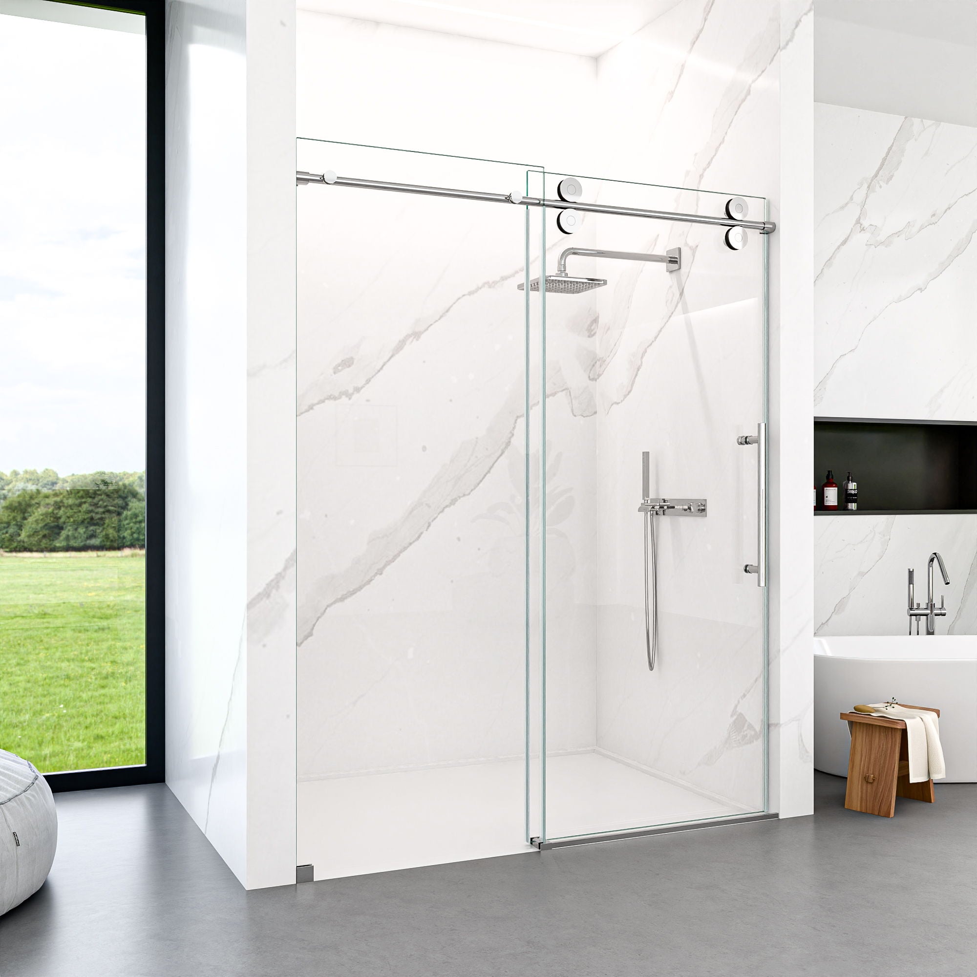Frameless Single Sliding Shower Door With Clear Tempered Glass