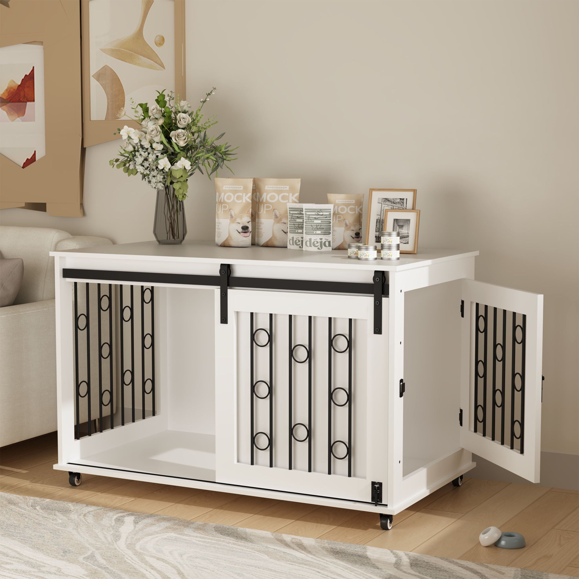 Dog Crate With Sliding Barn Door And Side Access, Lockable Wheels For Small To Medium Dogs - White
