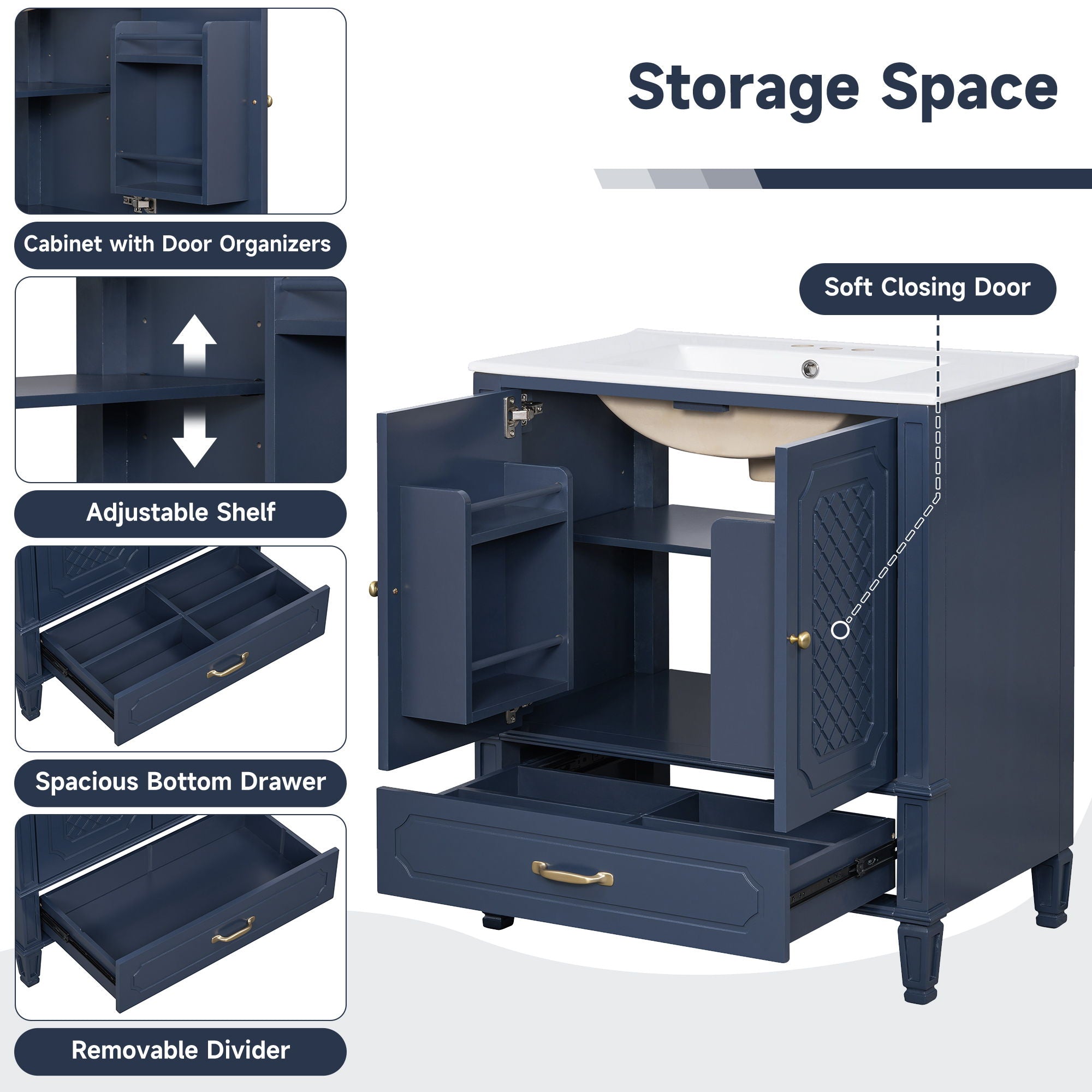 Bathroom Vanity With Sink, Soft Closing Door, Multi Functional Storage
