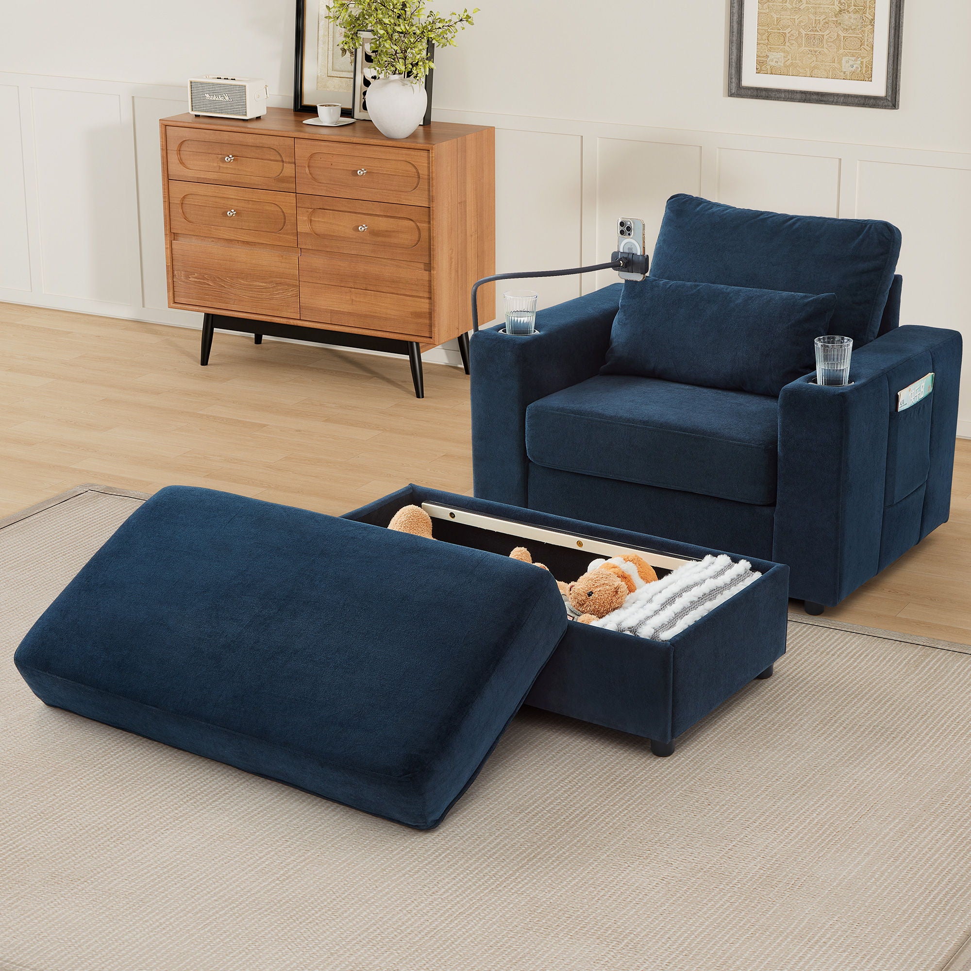 Modern Style Armchair Chaise Lounge Sofa Couch With Movable Storage Ottoman, USB Ports, Cup Holders, Phone Holder, Side Pockets