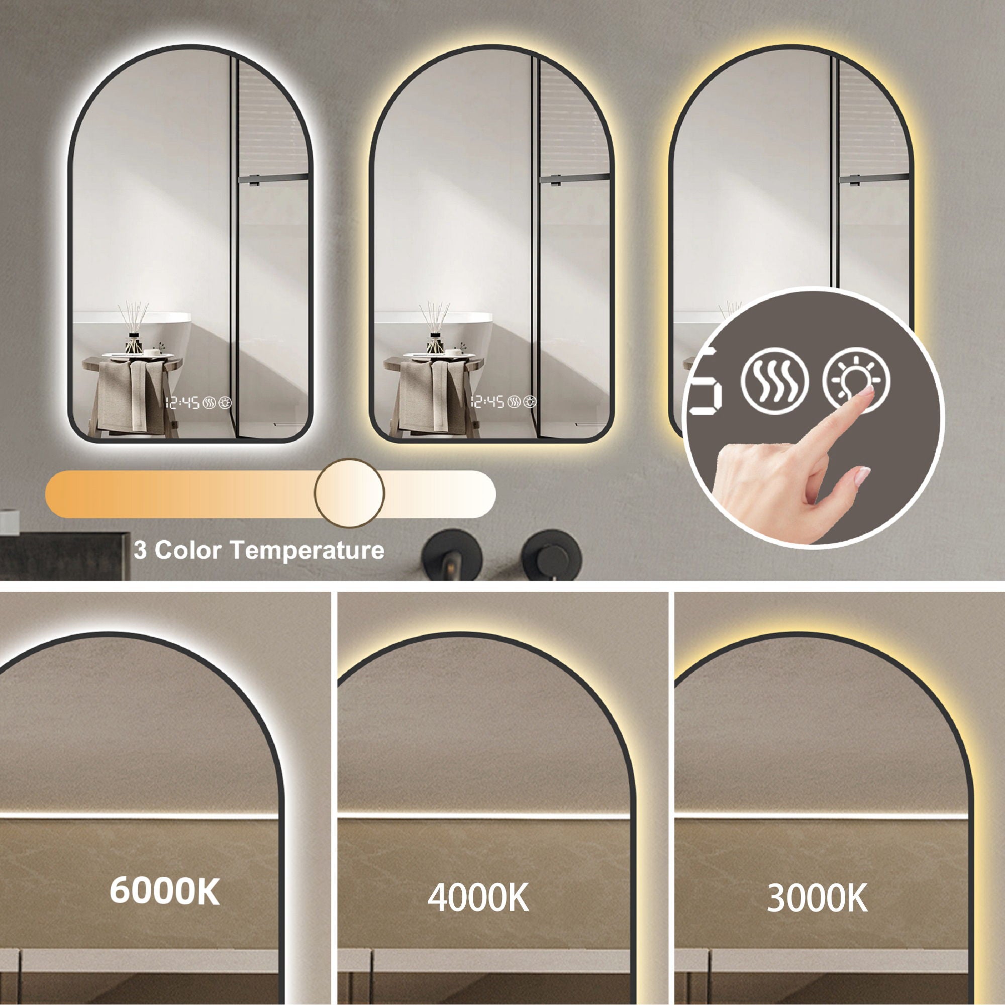 Arched LED Vanity Mirror With Time & Temperature Display, Anti-Fog, Dimmable Backlight In Frame, 3 Color Temperatures