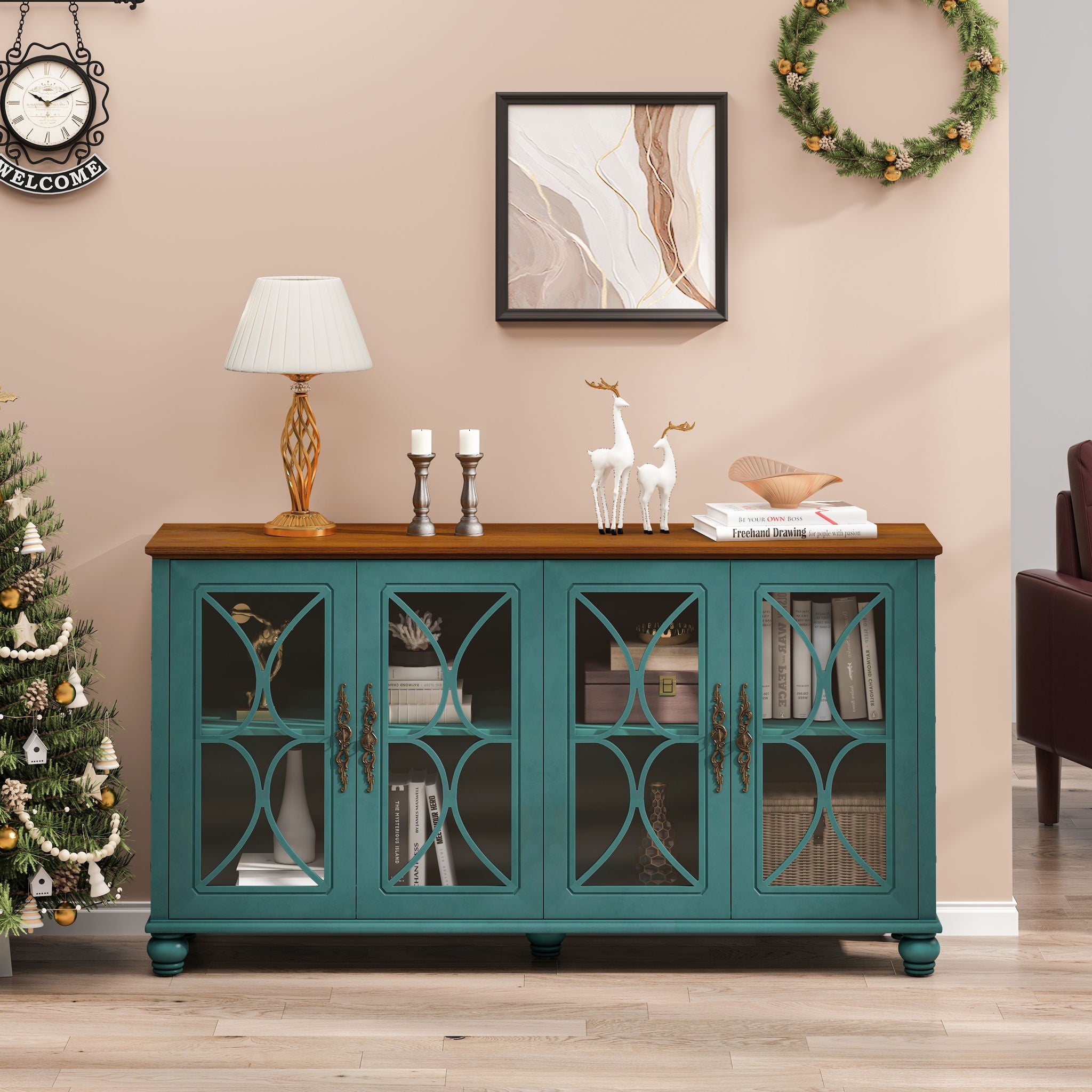 Elegant 4 Door Cabinet With Tempered Glass Doors
