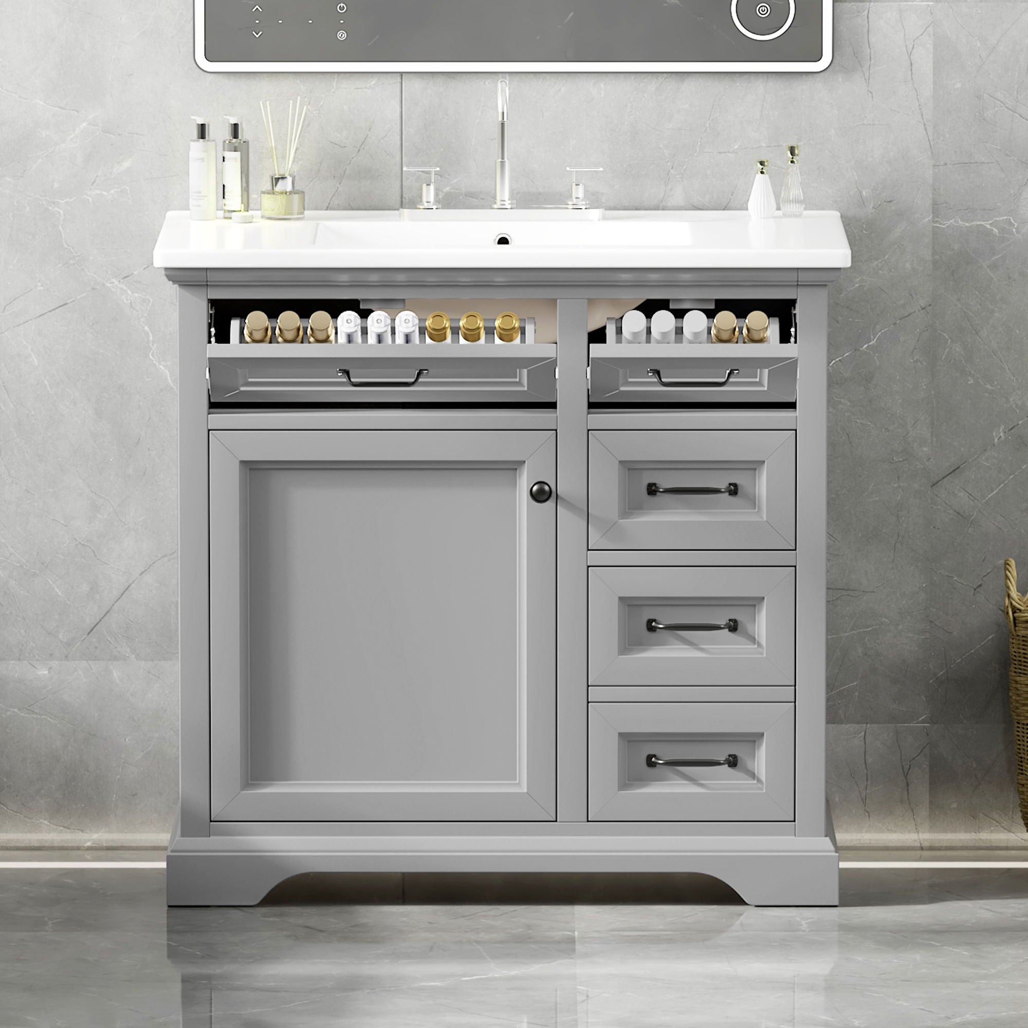 36" Bathroom Vanity With Sink, 2 Tip-Out Drawers, Soft Close Hinges
