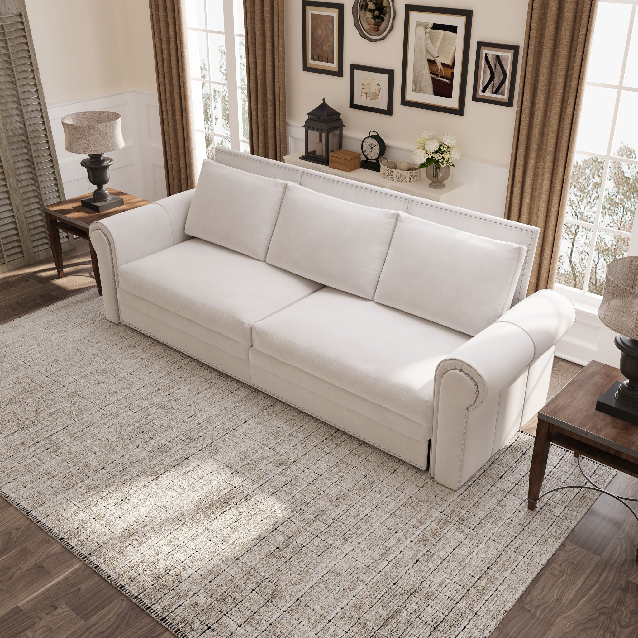 Pull Out Sofa Bed 3 In 1 Convertible Sleeper Sofa With Nailhead Trim & Rolled Arm, Multi Functional