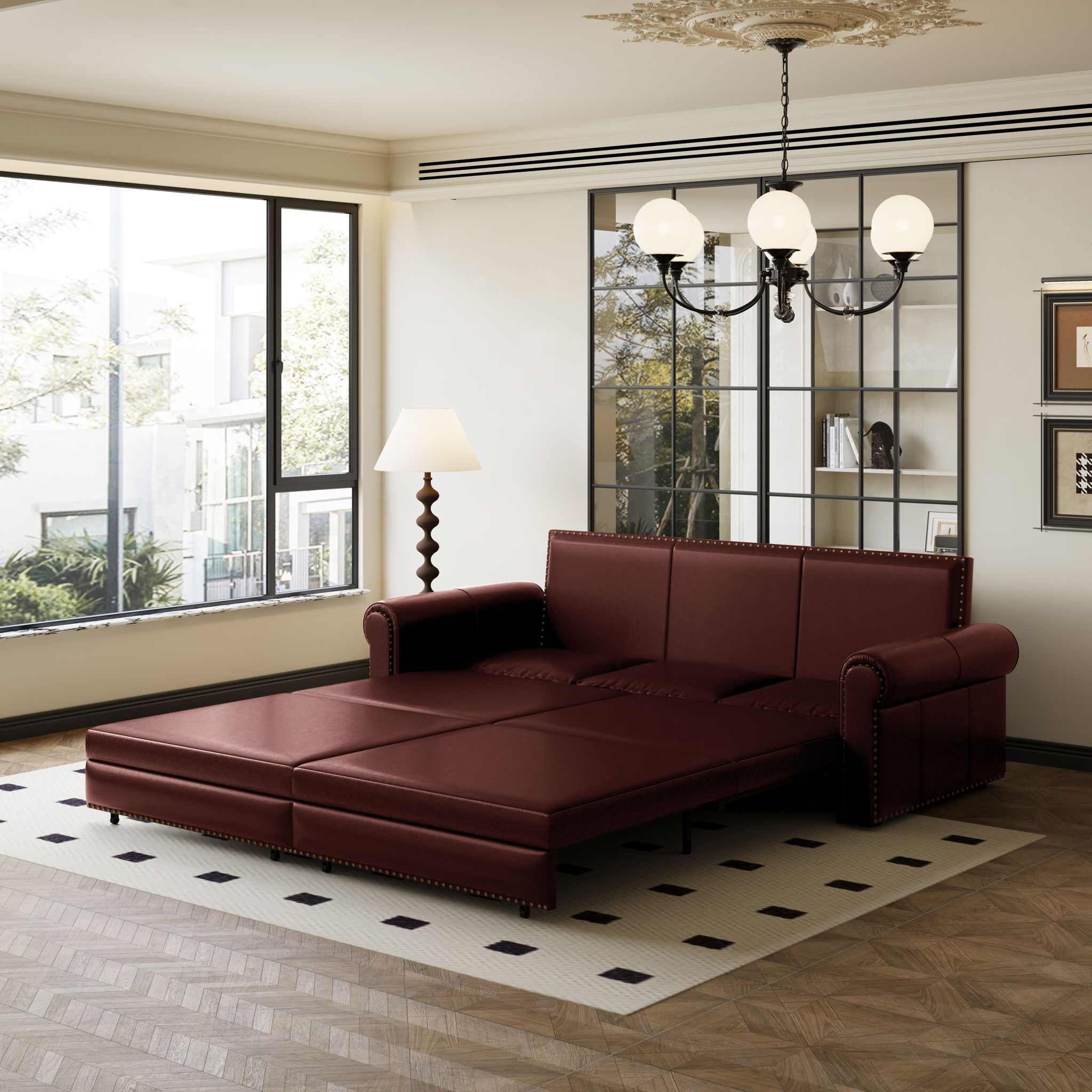 3 In 1 Convertible Sleeper Sofa With Nailhead Trim & Rolled Arm