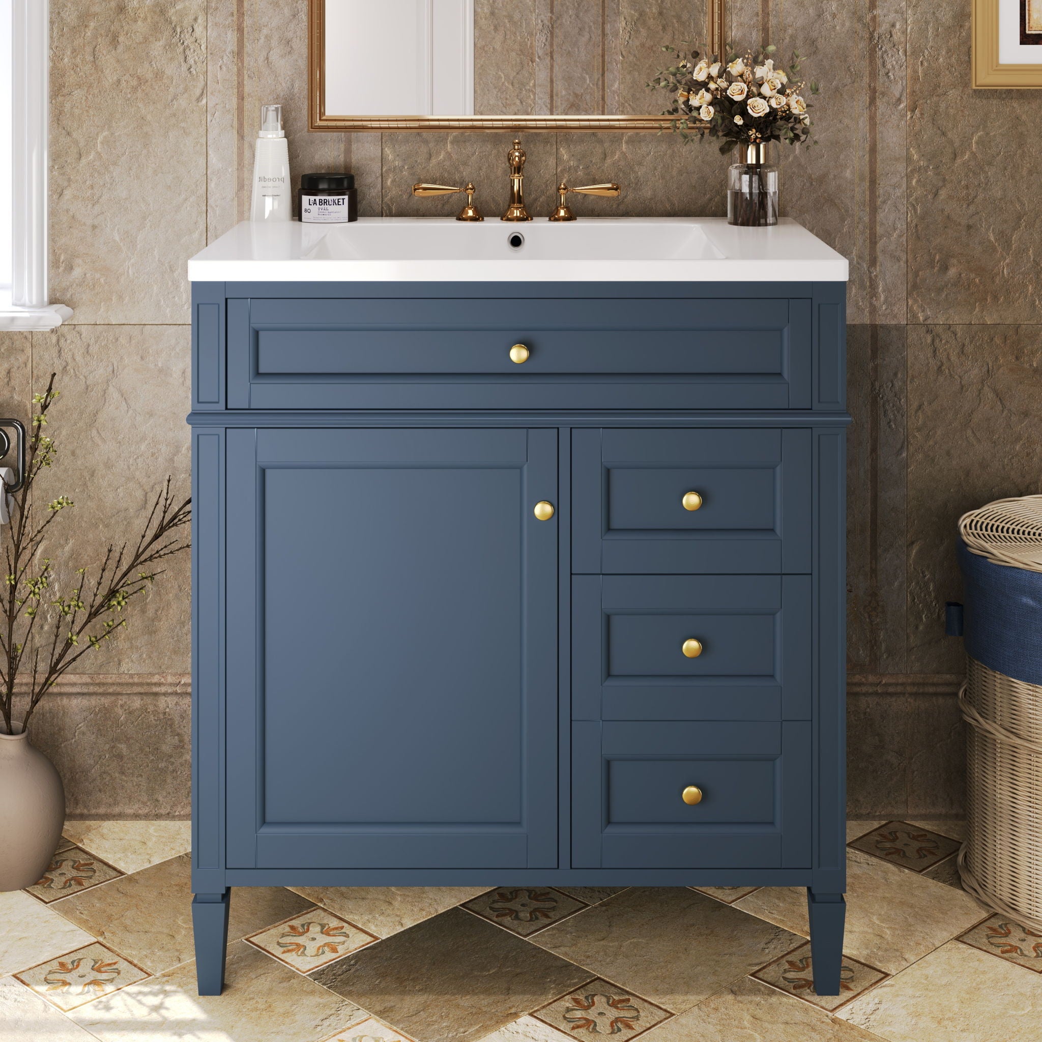 Bathroom Vanity With Top Sink, 2 Drawers And Tip Out Drawer, Rectangular Design