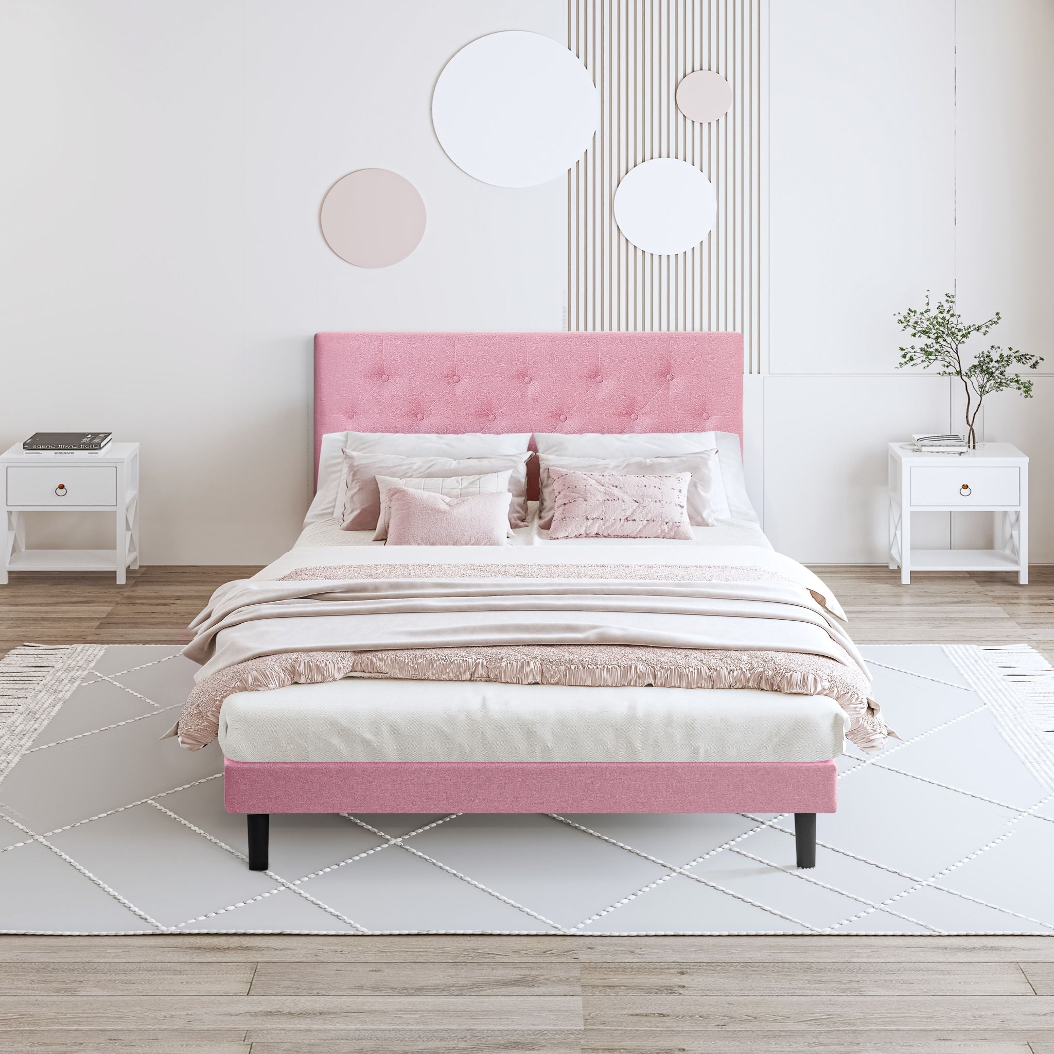 Modern Upholstered Platform Bed Frame With Button Tufted Fabric Headboard