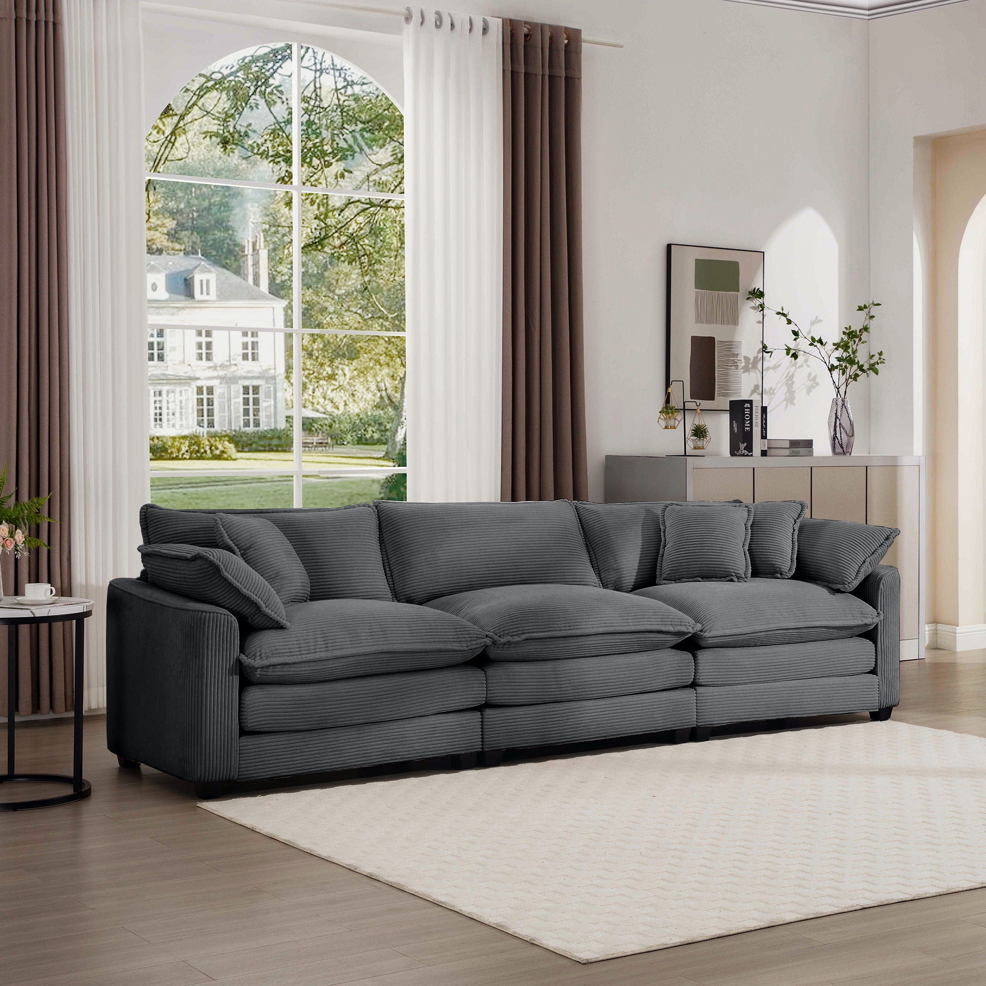 Mid-Century Modern 3 Seater Sectional Sofa With Arm And Throw Pillows