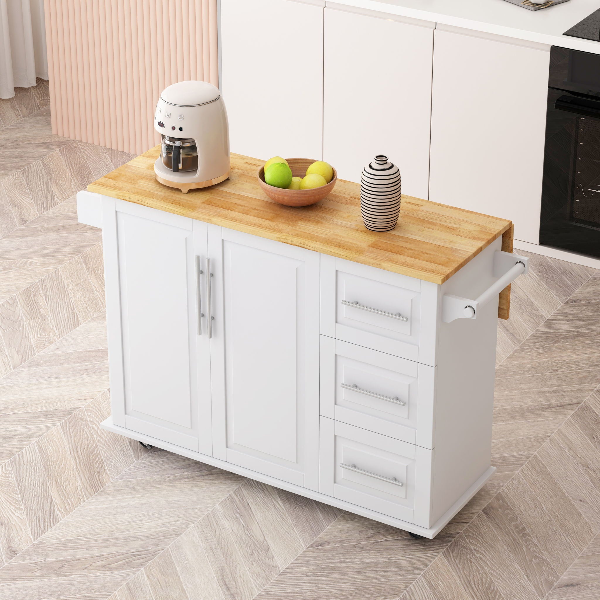 Kitchen Island Cart With 2 Door Cabinet, 3 Drawers, Spice Rack & Towel Rack - White