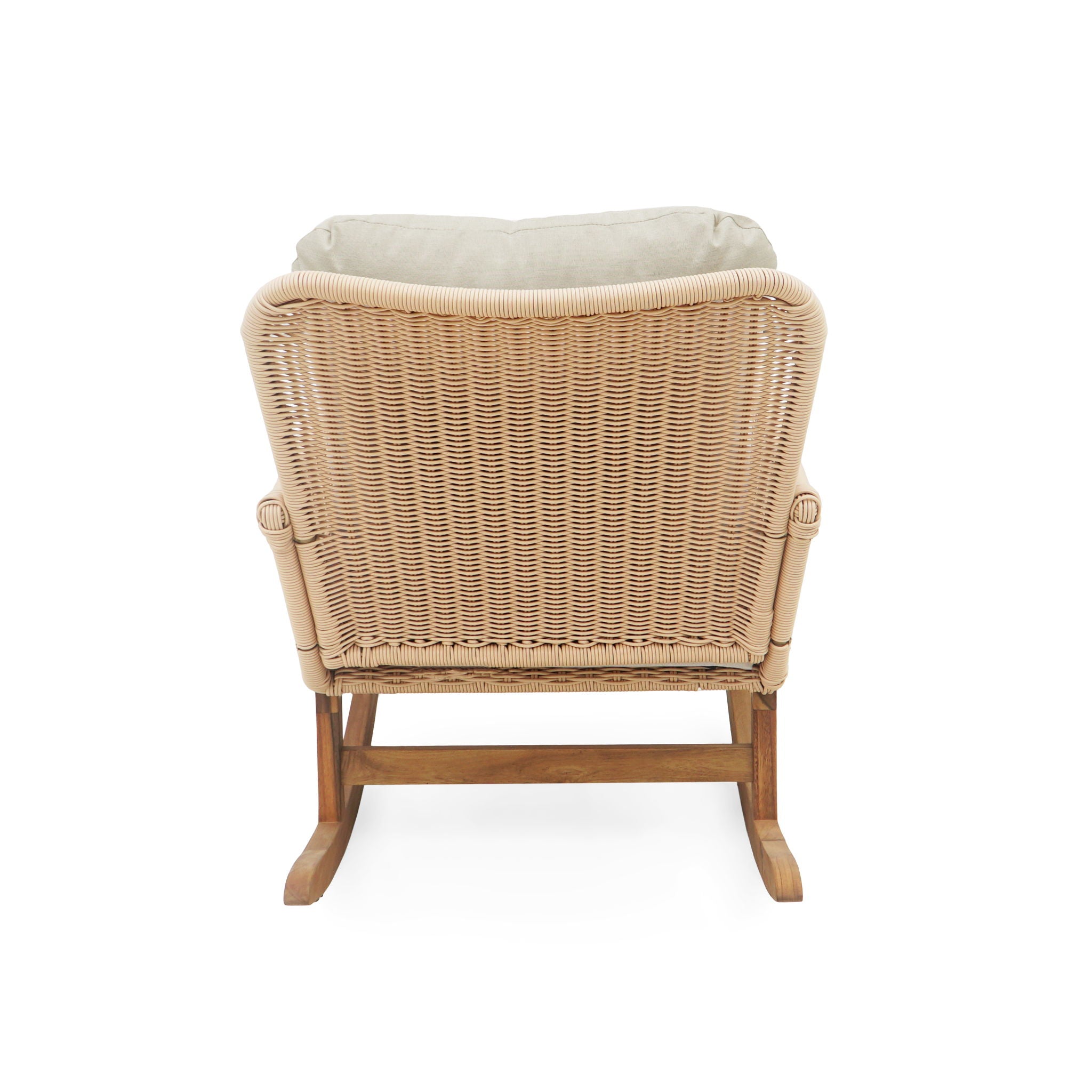 Modern 3 Piece Outdoor Seating Set With Cushioned Rattan Rocking Chairs And Wooden Accent Table