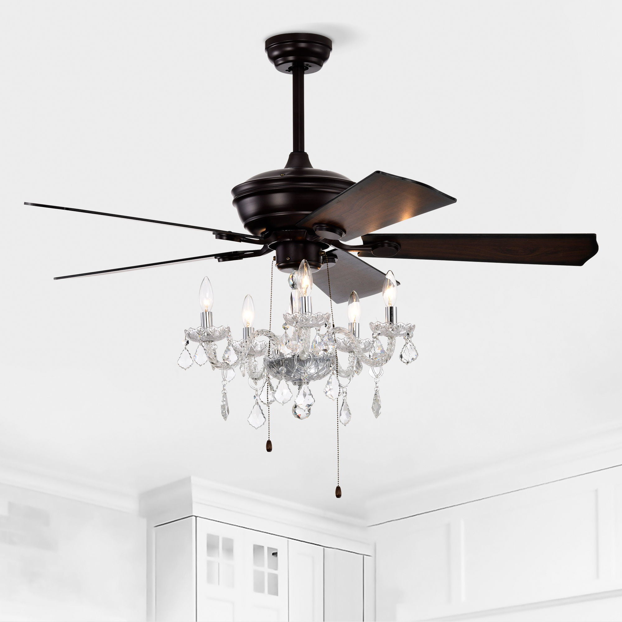 52" Crystal Shade Ceiling Fan Lamp, 3 Speed, 4 Timing, 5 Reversible Blades Crystal Ceiling Fan, 5 Pieces X E12 (No Include Bulb), Hand Pull Chain - Matte Black