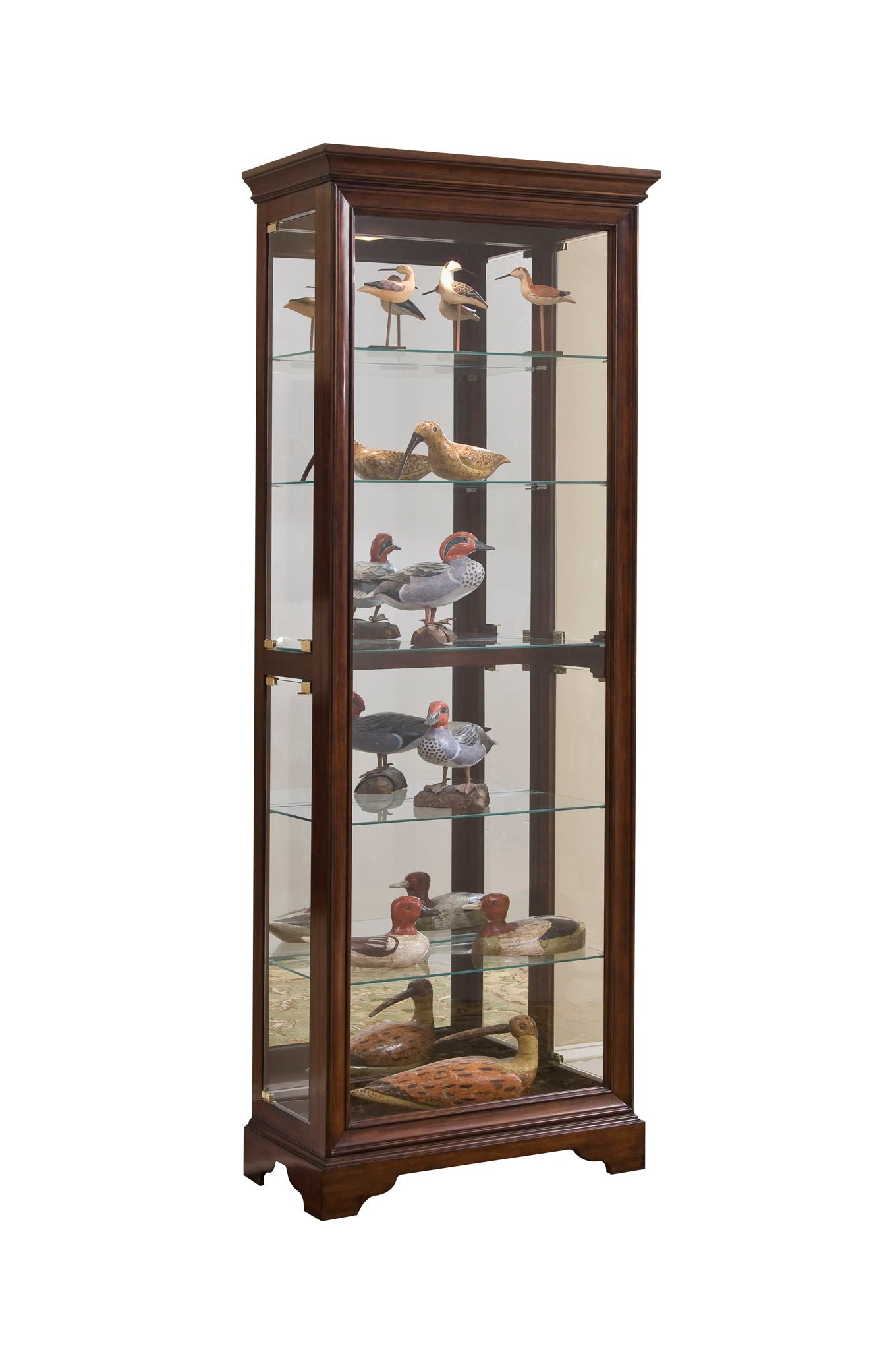 PFC Curios - Mirrored 5 Shelf Gallery Curio Cabinet - Oak Brown
