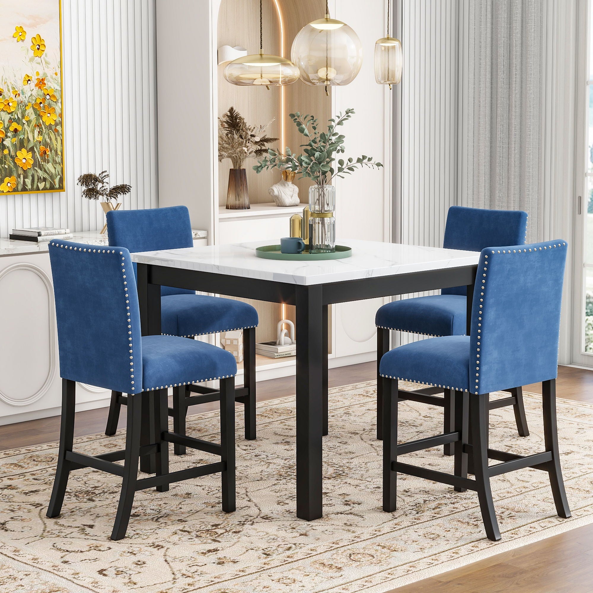 5-Piece Counter Height Dining Table Set With One Faux Marble Top Dining Table And Four Upholstered Chairs