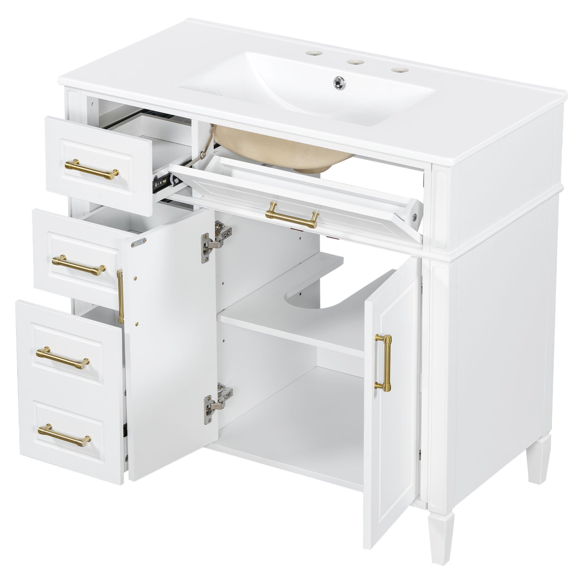 Bathroom Vanity With Sink, 4 Drawers (1 Flip Drawer), 2 Doors & Adjustable Shelf - White