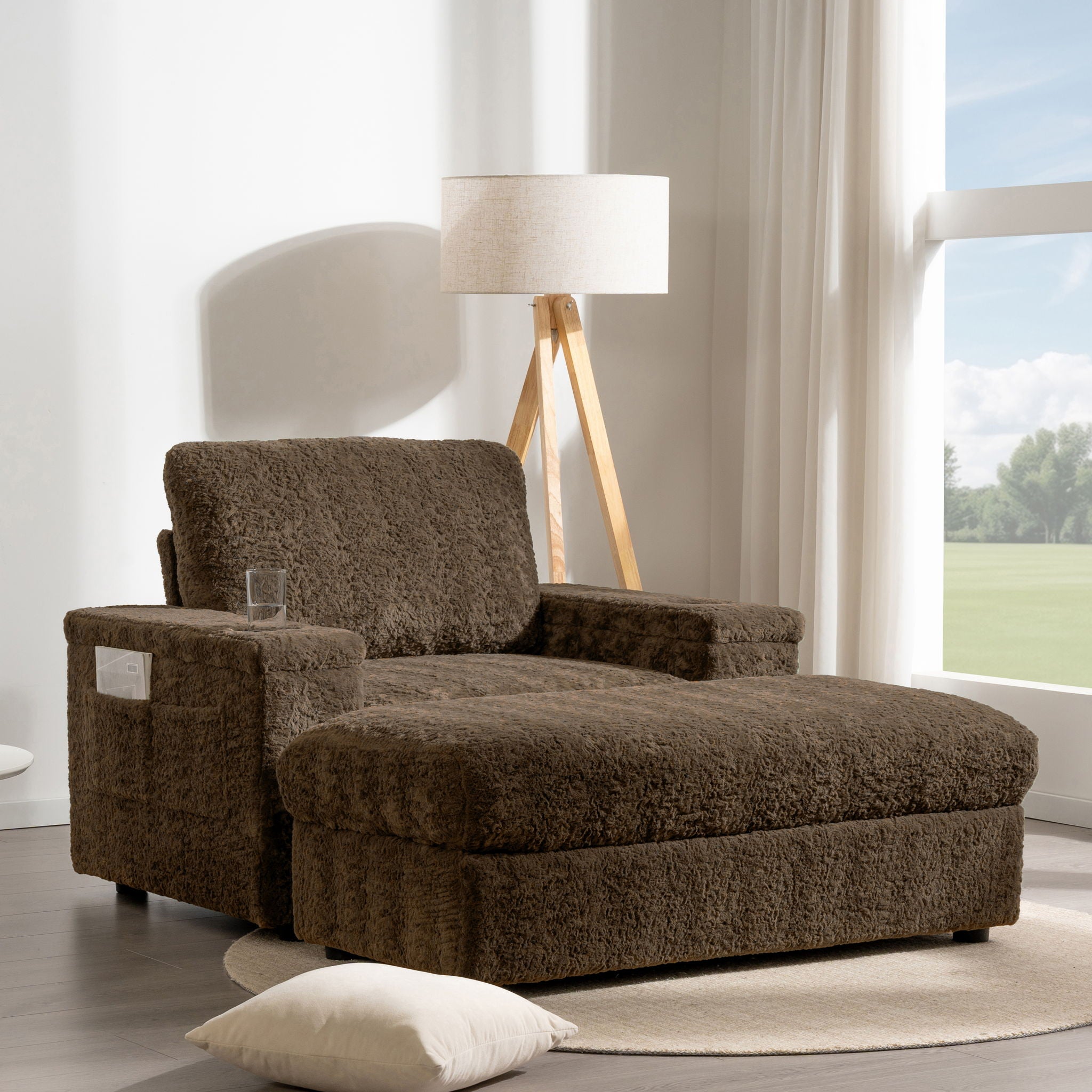 Oversized Chaise Lounge Indoor Rabbit Fur Sofa Bed With Storage Ottoman And Armrests Cup Holders With Deep Seat