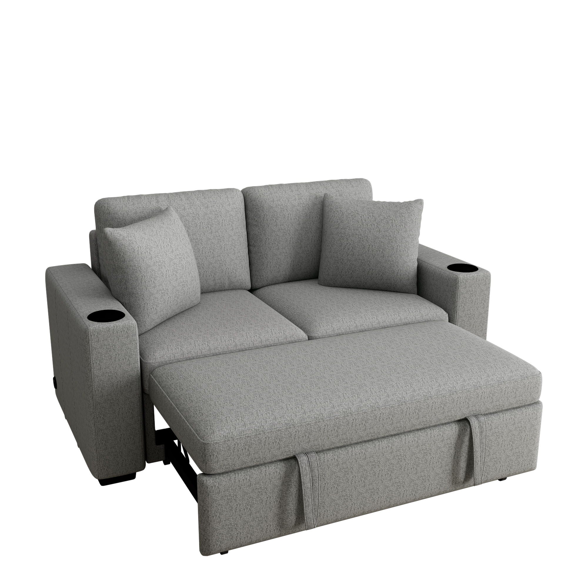 Modern 2 Seater Loveseat Sofa With Pull-Out Bed, Fabric, Built-In USB Ports & Cup Holders
