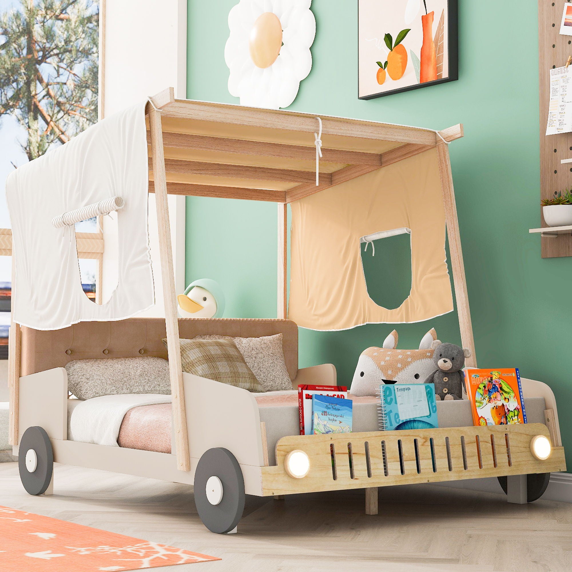 Twin Size Car Bed & Pillow, Ceiling Cloth And LED - Natural