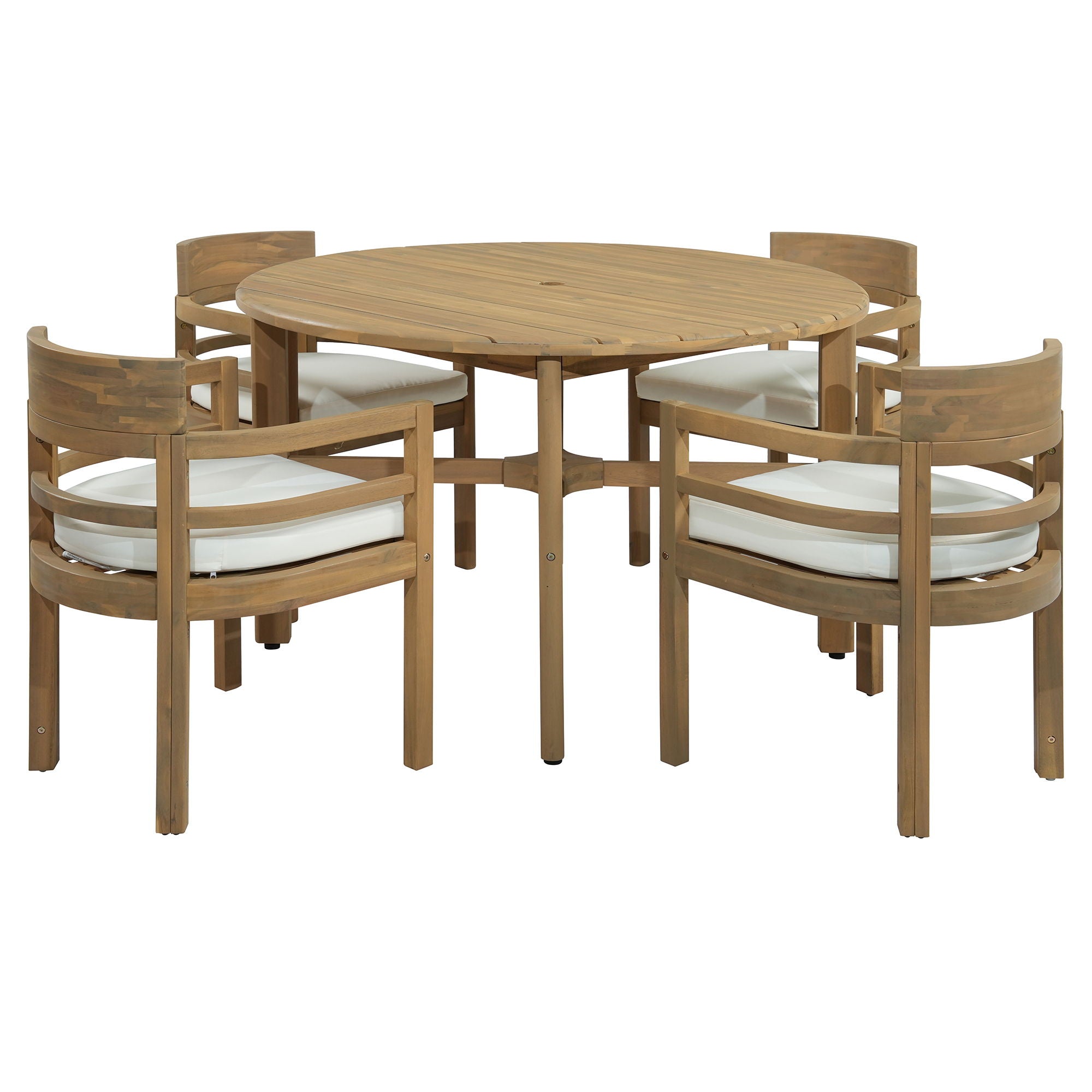 5 Piece Round Patio Table & Cushioned Armrest Chairs, Outdoor Dining Set With Umbrella Hole