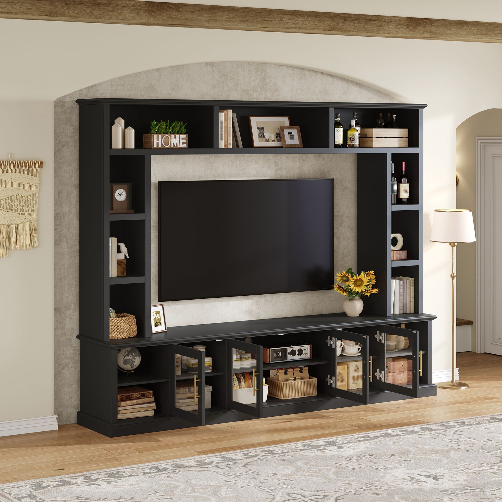 All-In-One Entertainment Center With Bookshelves & Tempered Glass Doors, TV Console Unit For Living Room