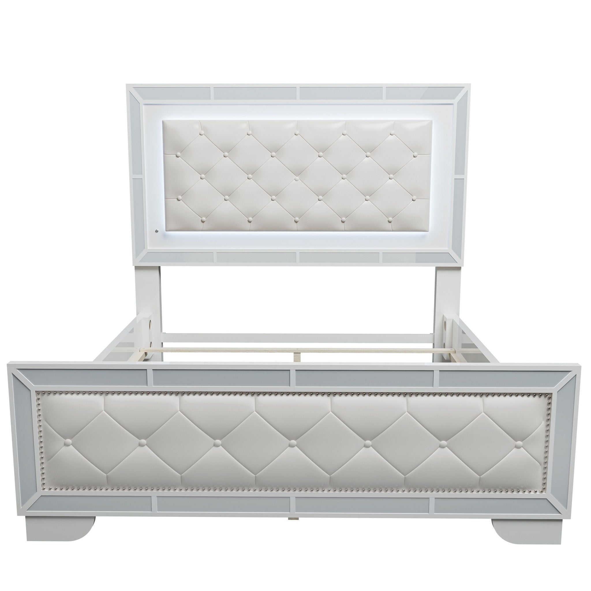 Eastern King Size Bed With LED Lights And Mirror Trim - Cream / Ivory