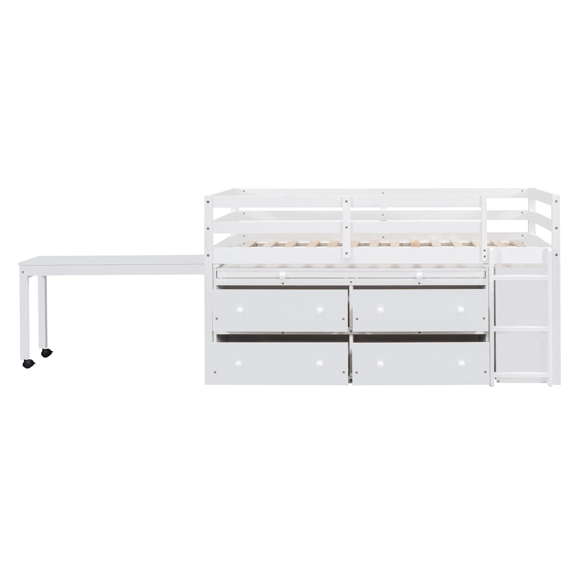 Loft Bed With Retractable Writing Desk And 4 Drawers, With Lateral Portable Desk And Shelves