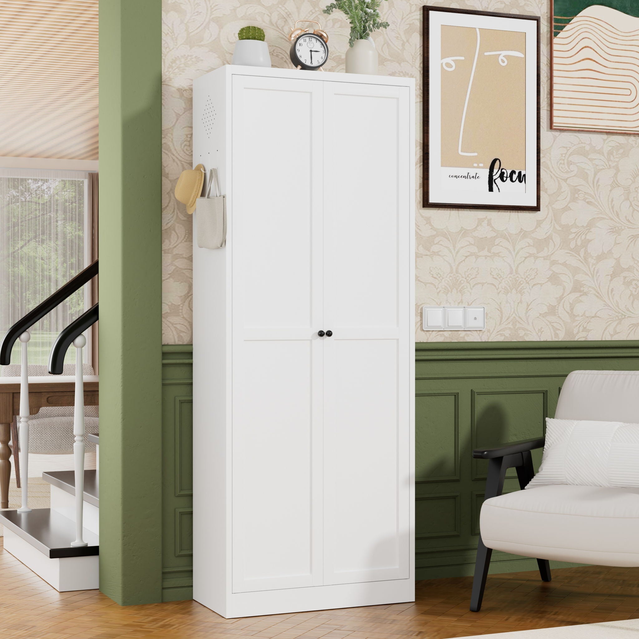 Kitchen Pantry Cabinet With Doors, Heavy-Duty Freestanding Storage Organizer With 5 Adjustable Shelves, Tool Free Assembly - White