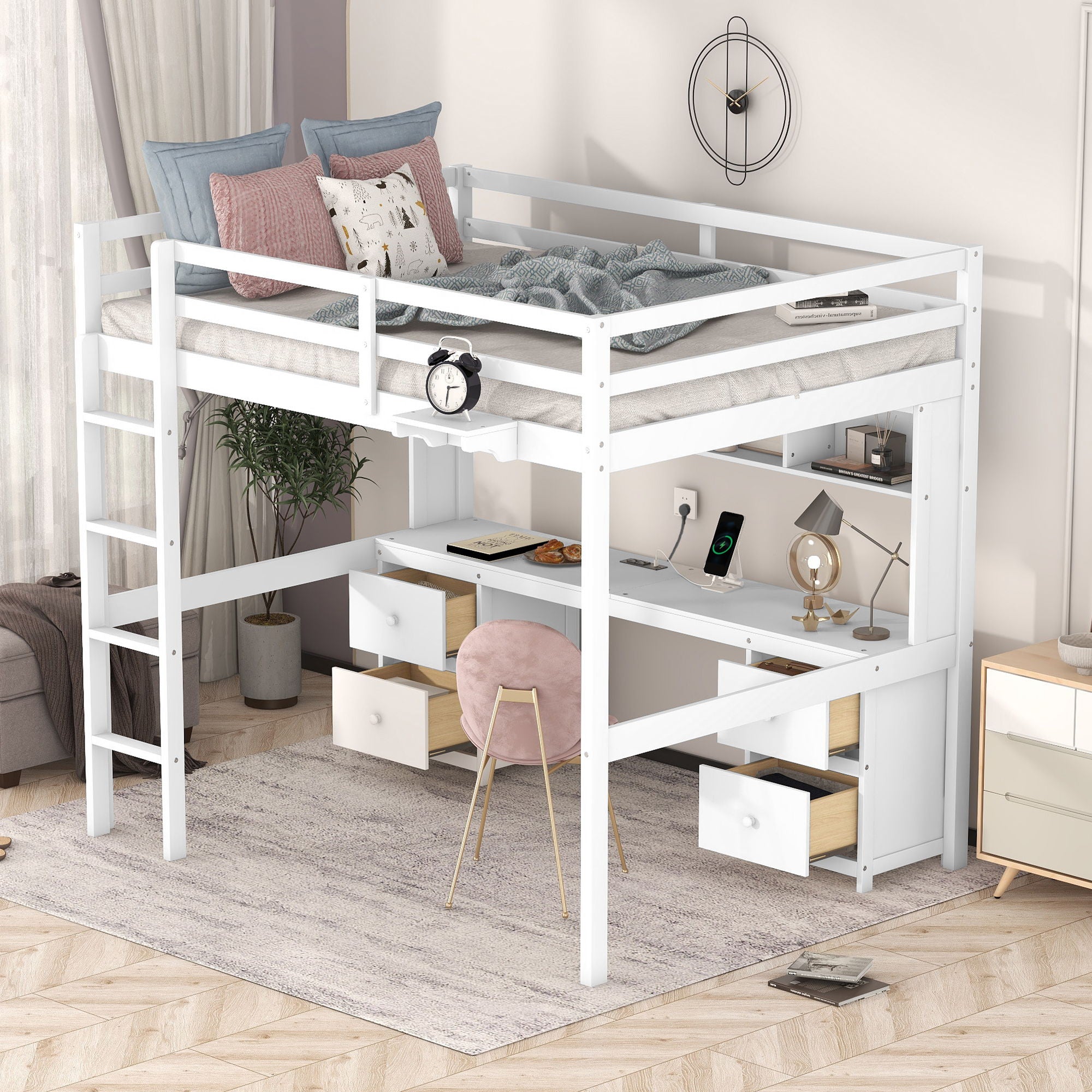 Loft Bed With Desk, Cabinets, Drawers, Charging Station And Bedside Tray