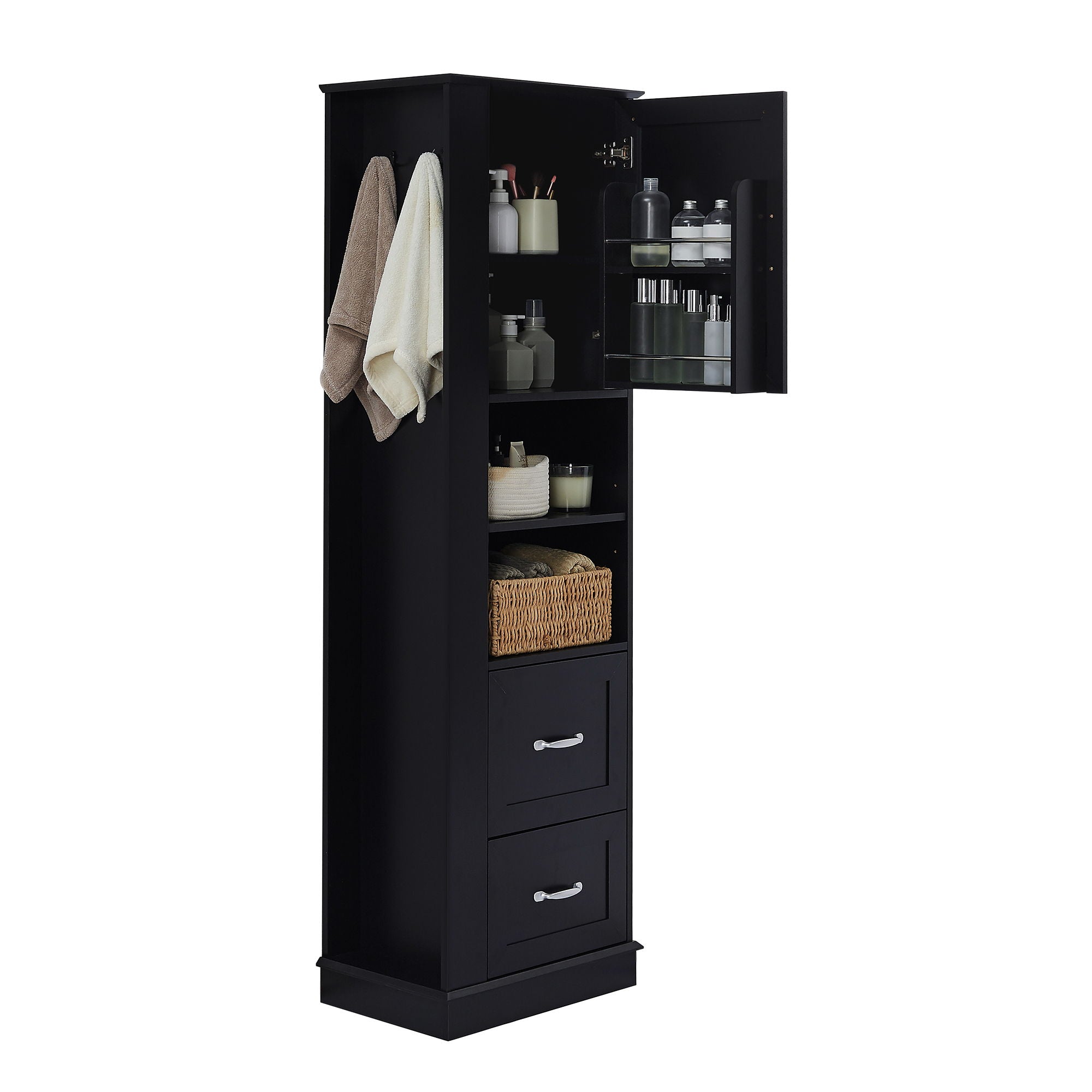 Freestanding Bathroom Storage Cabinet With Adjustable Shelves And Side Hooks Board, Rectangle Design