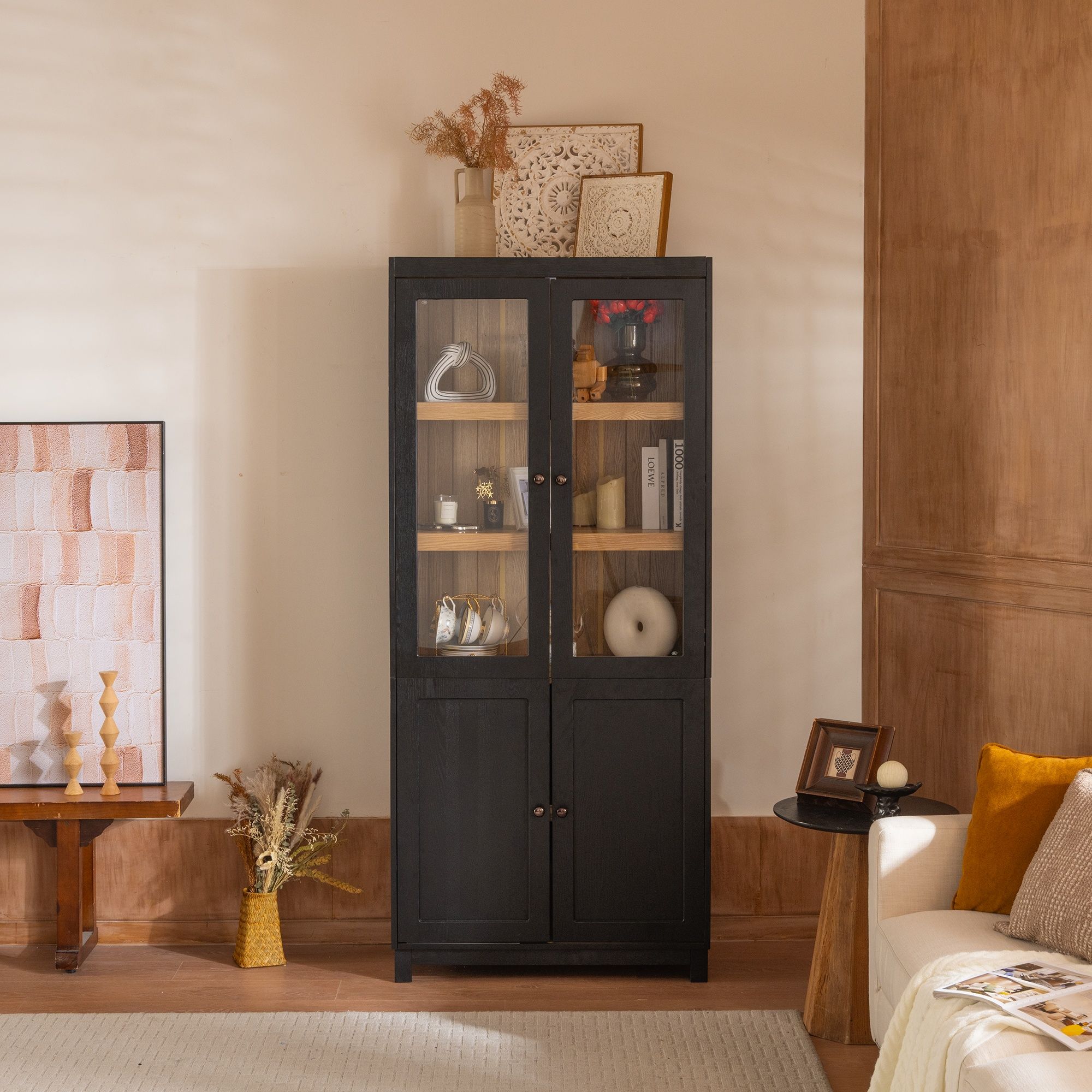 Mid Century Modern Style Tall Display Cabinet With Glass Doors For Collectibles - Black