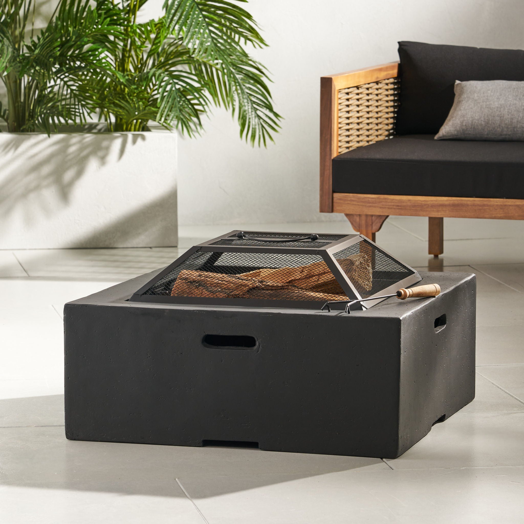 Outdoor Square Mgo Wood Burning Fire Pit - Dark Gray