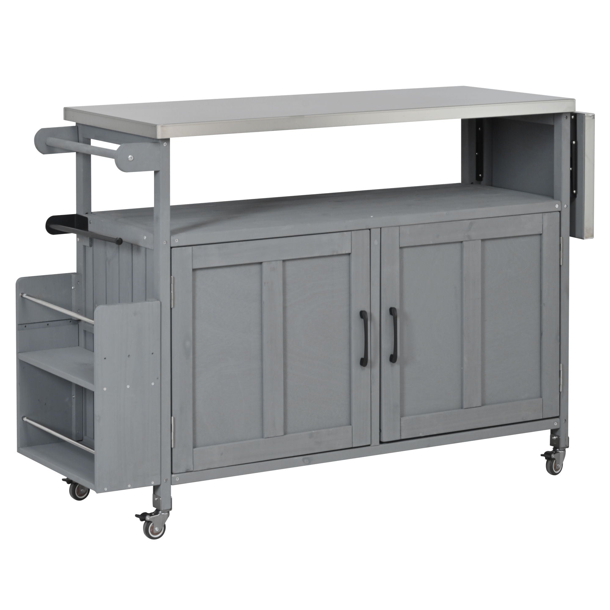 Foldable Outdoor Kitchen Island With Lockable Wheels, Storage Cabinet And Towel Rack For Patio