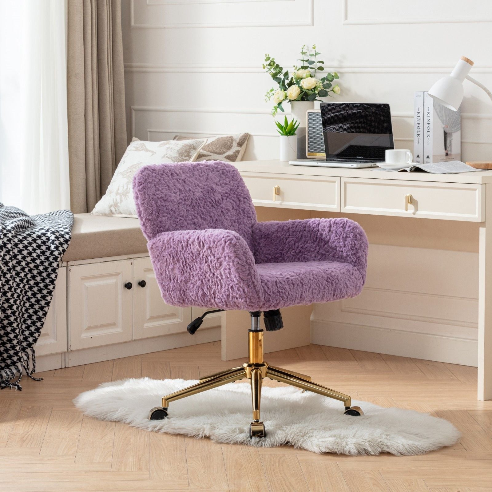 Office Chair, Artificial Rabbit Hair Home Office Chair With Metal Base, Adjustable Desk Chair Swivel Office Chair, Vanity Chair