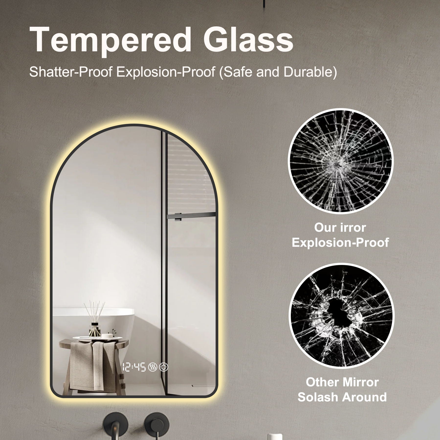 Arched LED Vanity Mirror With Time & Temperature Display, Anti-Fog, Dimmable Backlight In Frame, 3 Color Temperatures